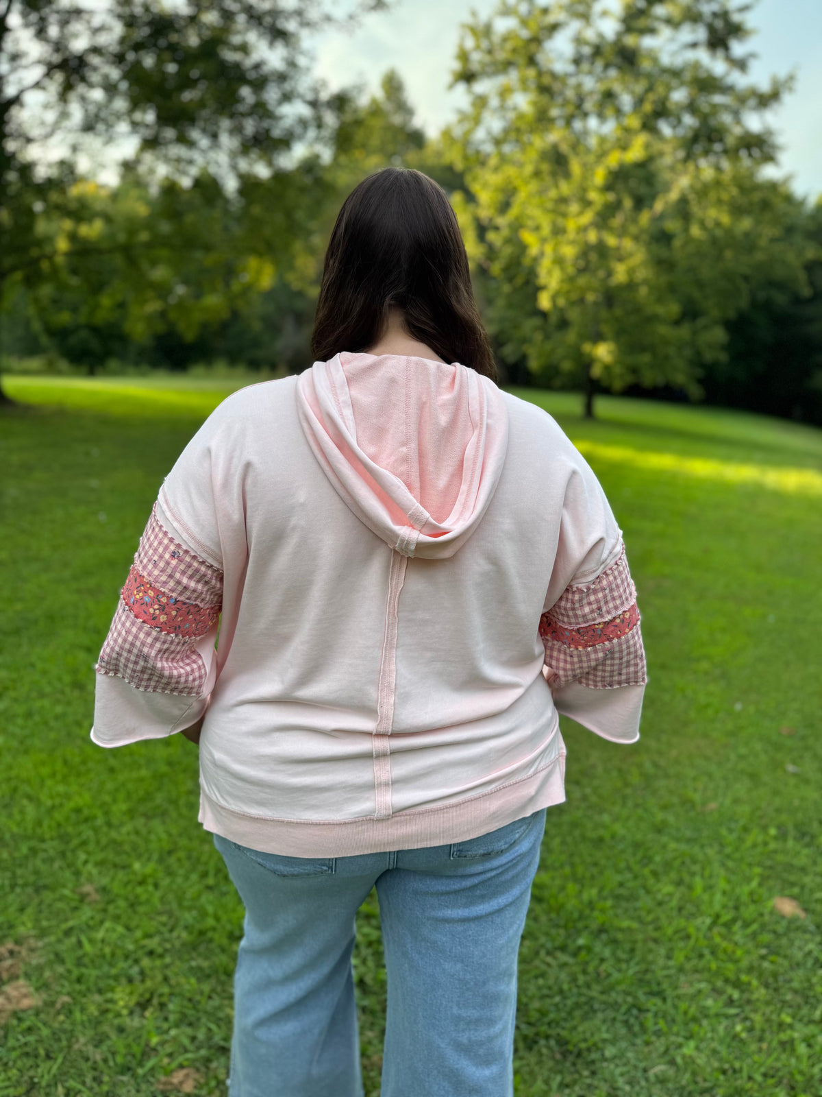 Pippy Plus Size Coral Pink Floral Patchwork Hooded Pullover