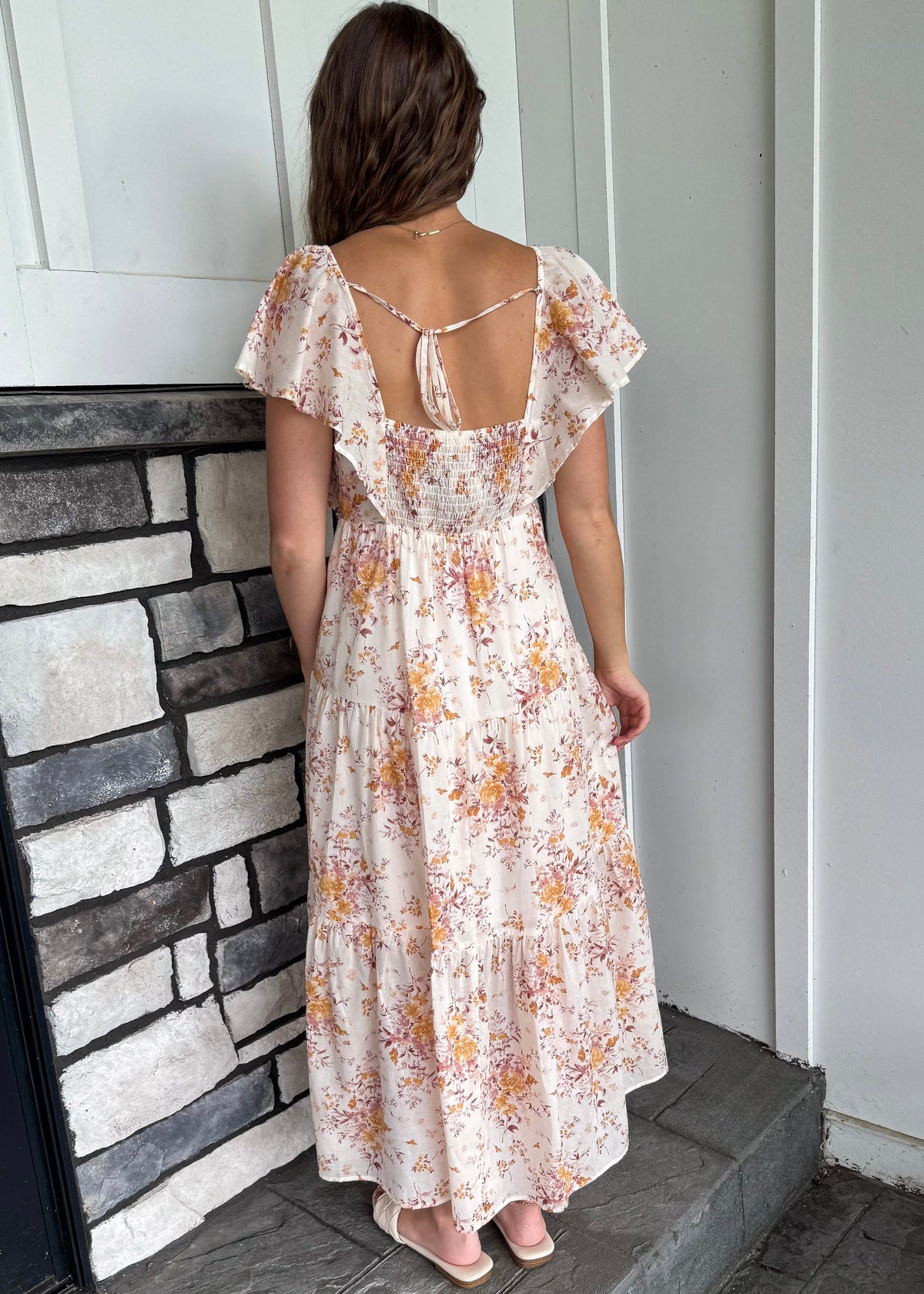 Jana Taupe Tiered Floral Print Dress W/ Ruffle Sleeves