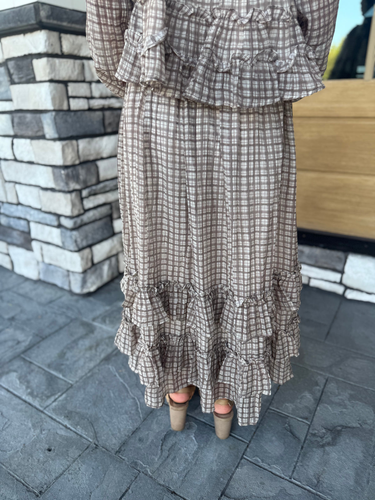 Lana Brown Plaid Ruffled Hem Midi Skirt