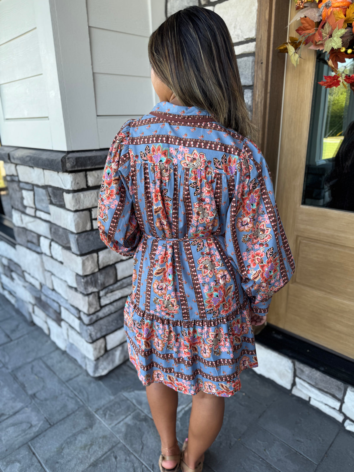 Leena Blue Floral Striped Belted Mini Dress