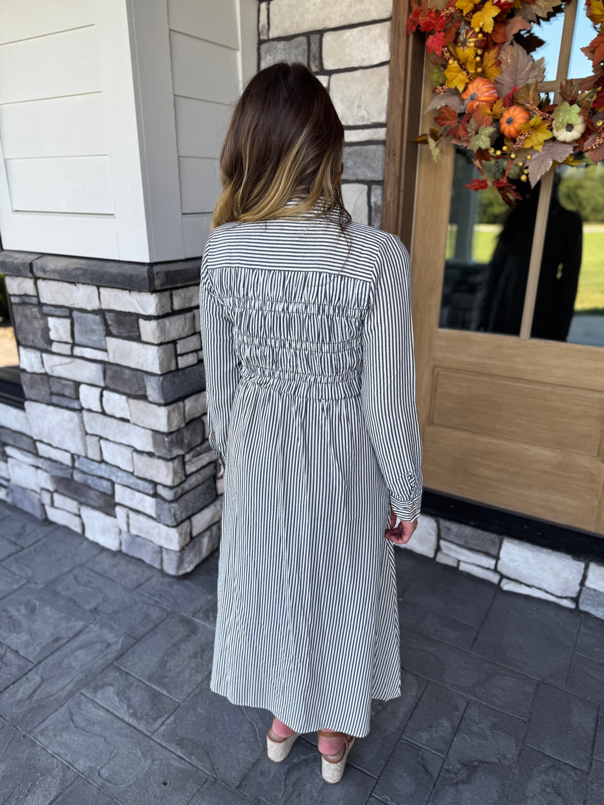 Mindy Navy Striped Button Up Midi Dress