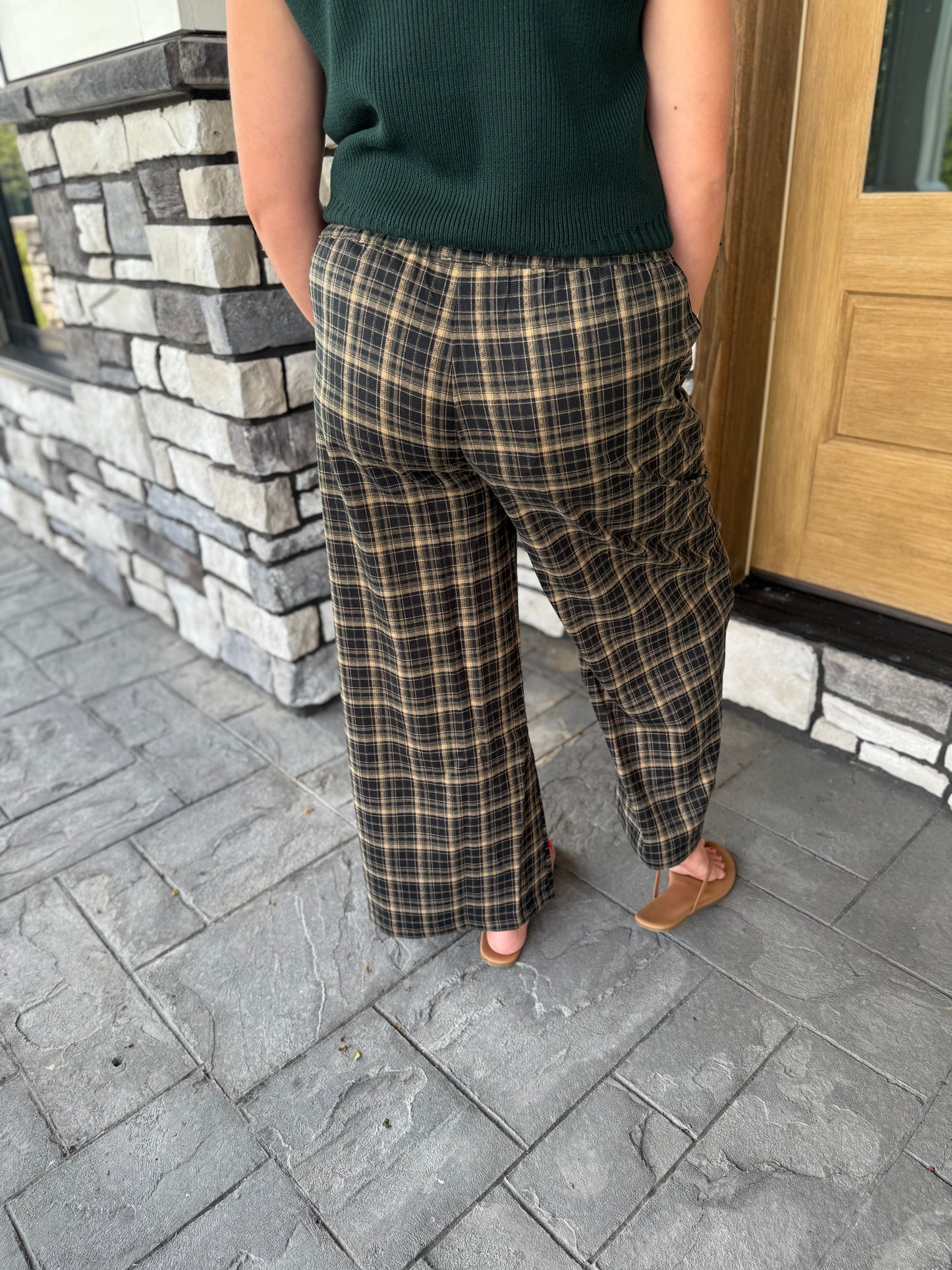 Stevie Hunter Green Plaid Elastic Waist Wide Leg Pants