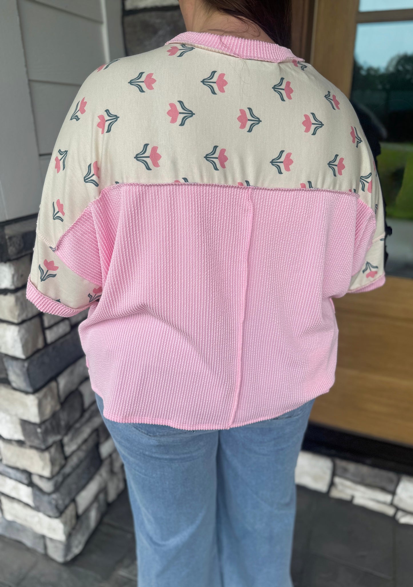 Riley Plus Size Pink & Ivory Tulip Print Crew Neck Pullover Knit Top