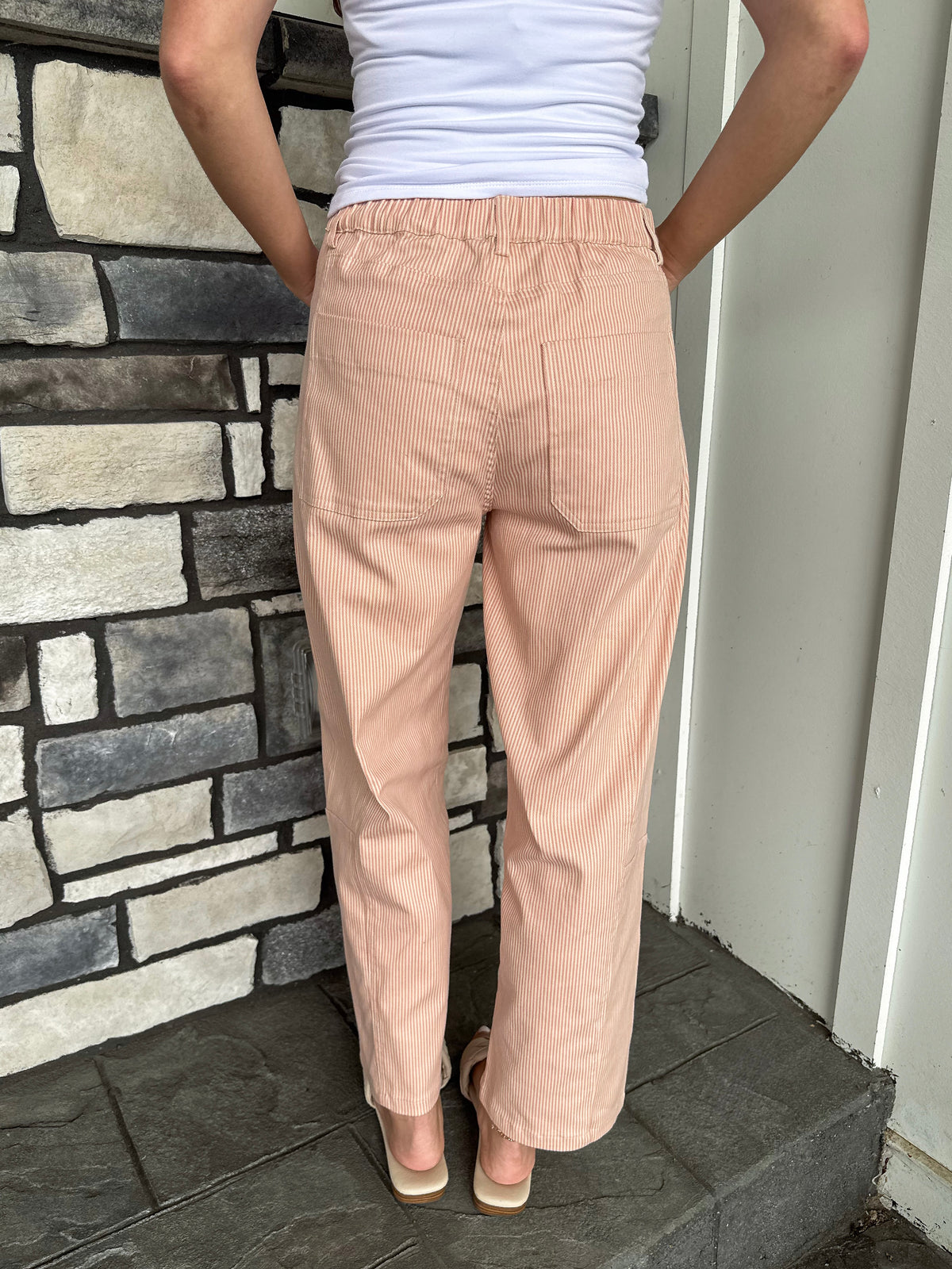 Nikki Pink & Taupe Striped Cotton Barrel Pants