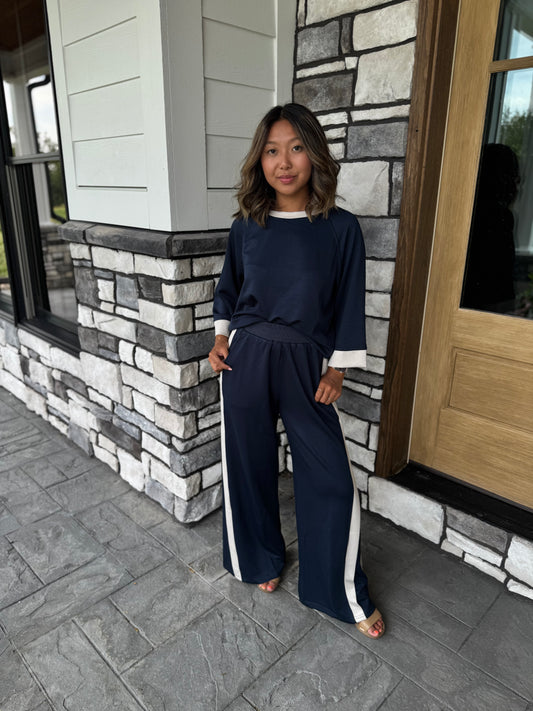 Angela Navy & Ecru Luxe Knit Matching Set W/ Stripe Details