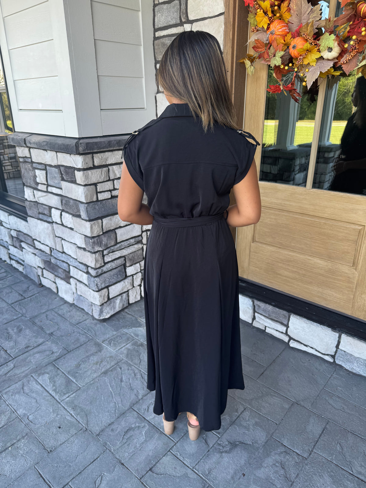 Amber Black Tab Shoulder Detail Belted Midi Dress
