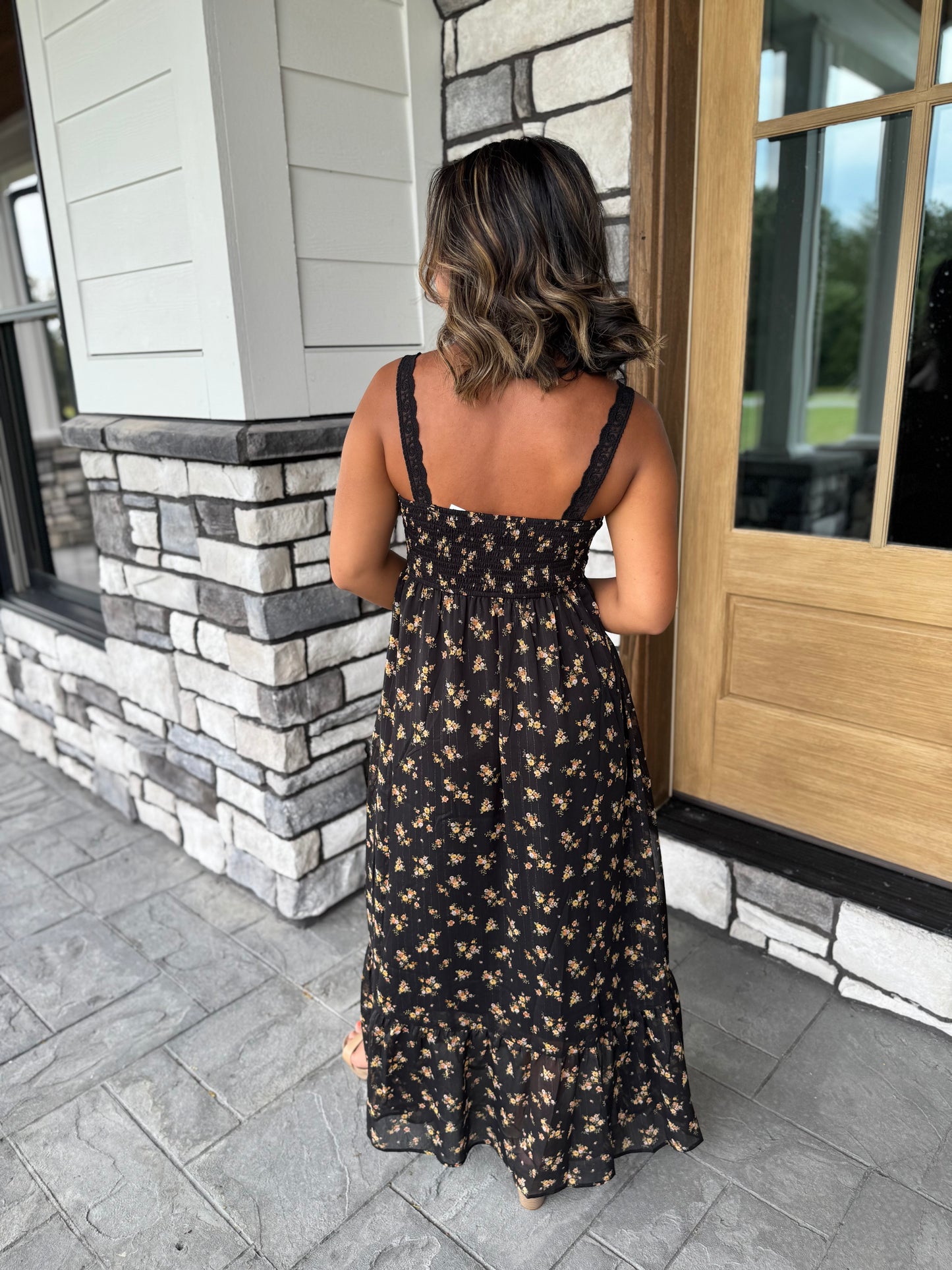Everly Black Floral Glitter Midi Dress