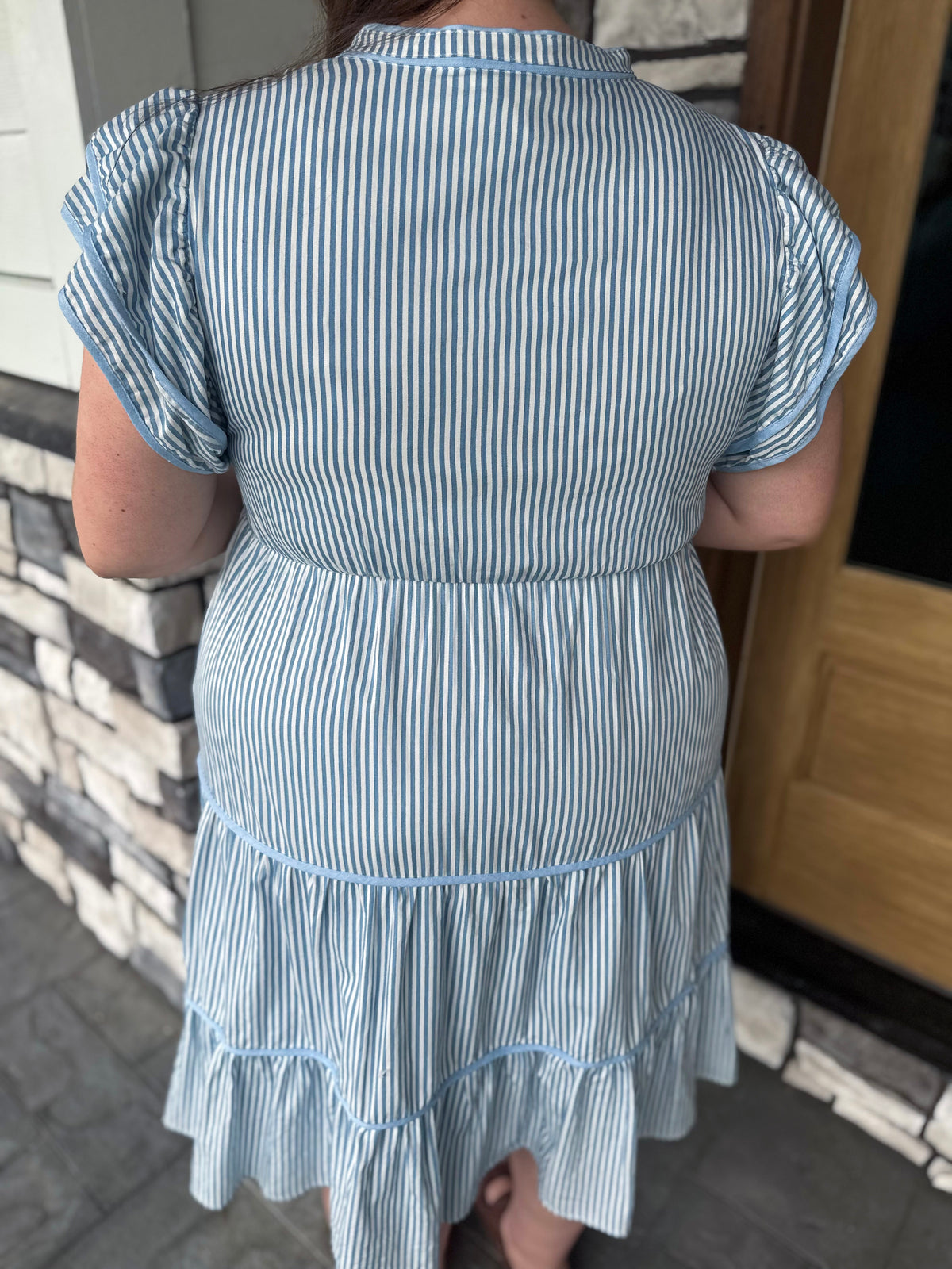 Tammy Plus Size Baby Blue & White Pinstripe Double Ruffle Sleeveless Dress