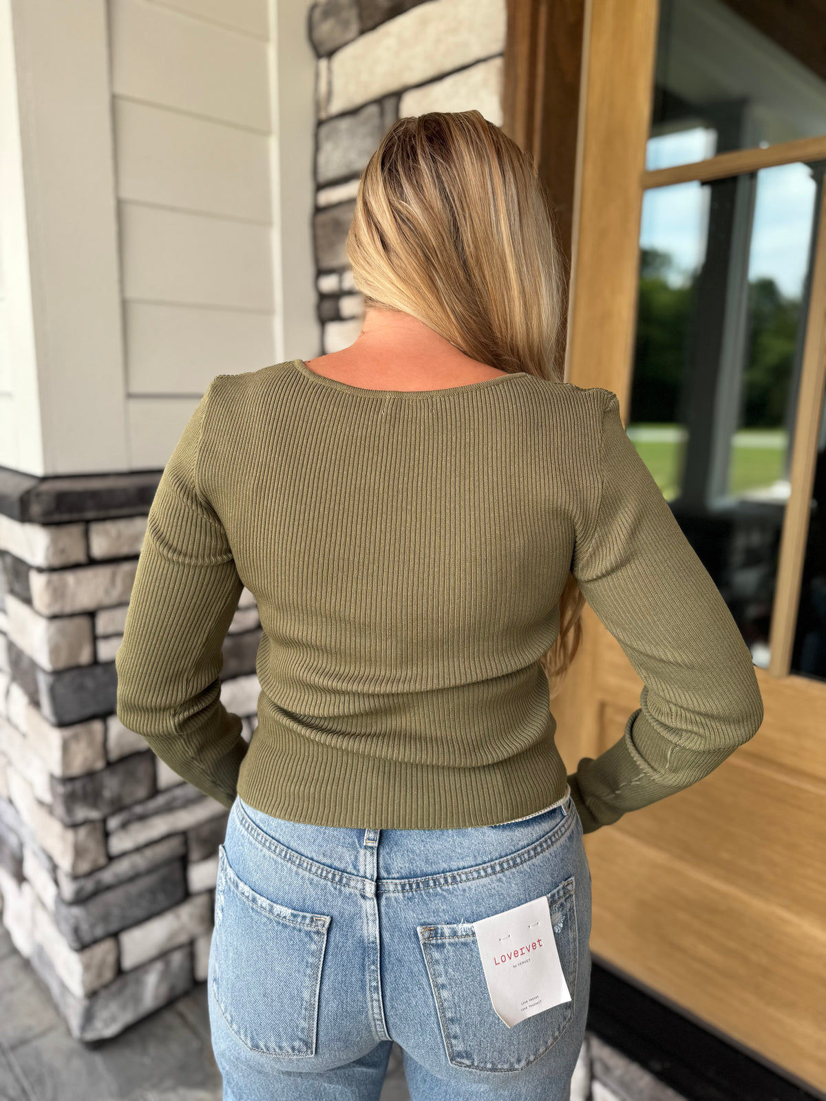 Jane Olive Green Lace Trim Long Sleeve Fitted Sweater