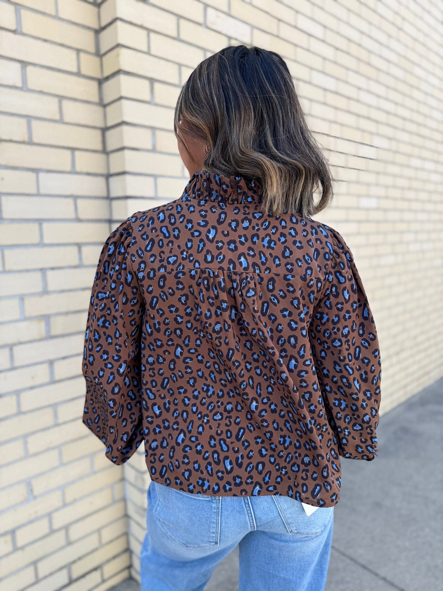 Brielle Brown & Blue Leopard Print Blouse W/ Ruffle Details