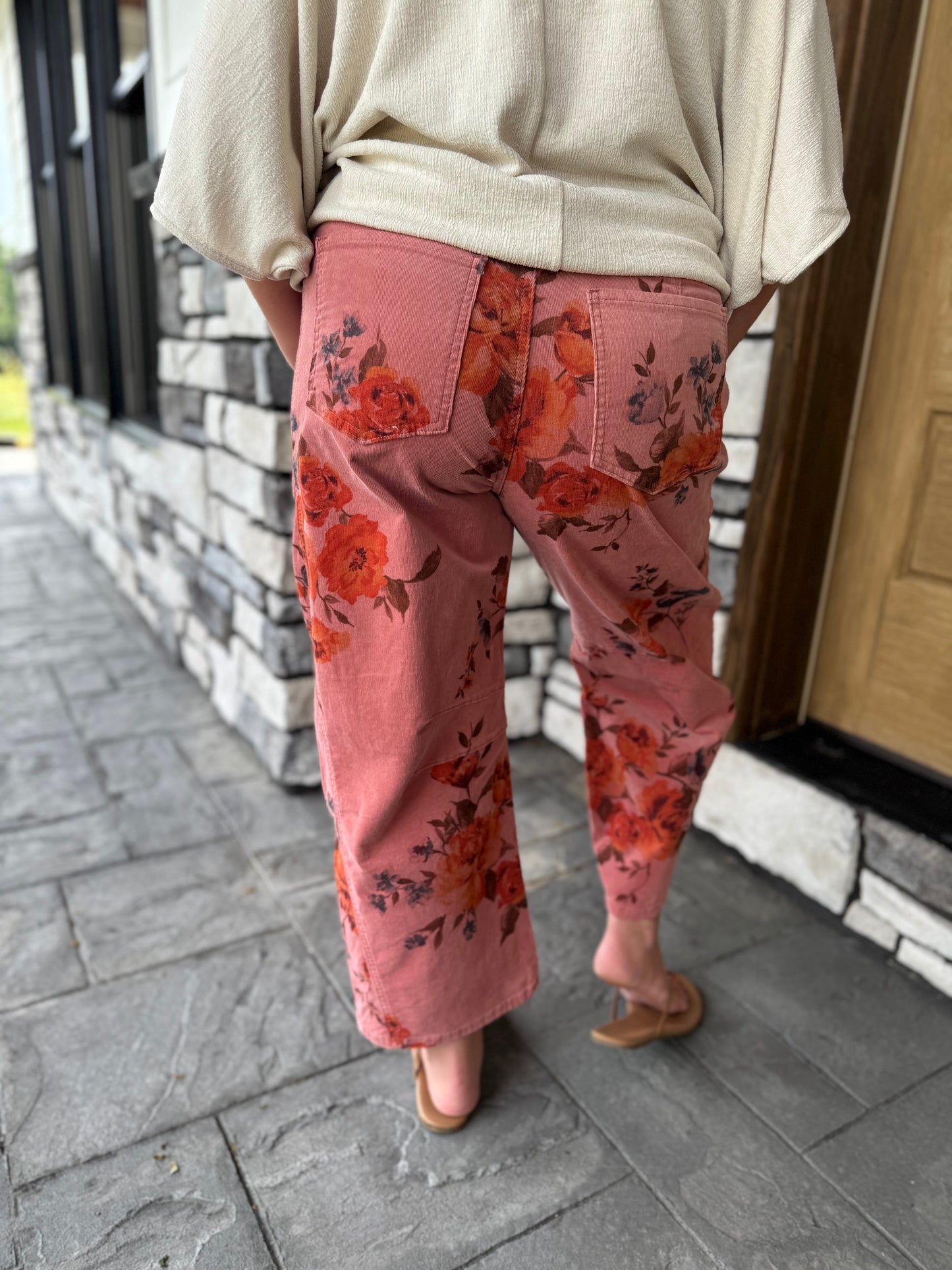 Courtney Dark Pink Floral Washed Corduroy Barrel Pants