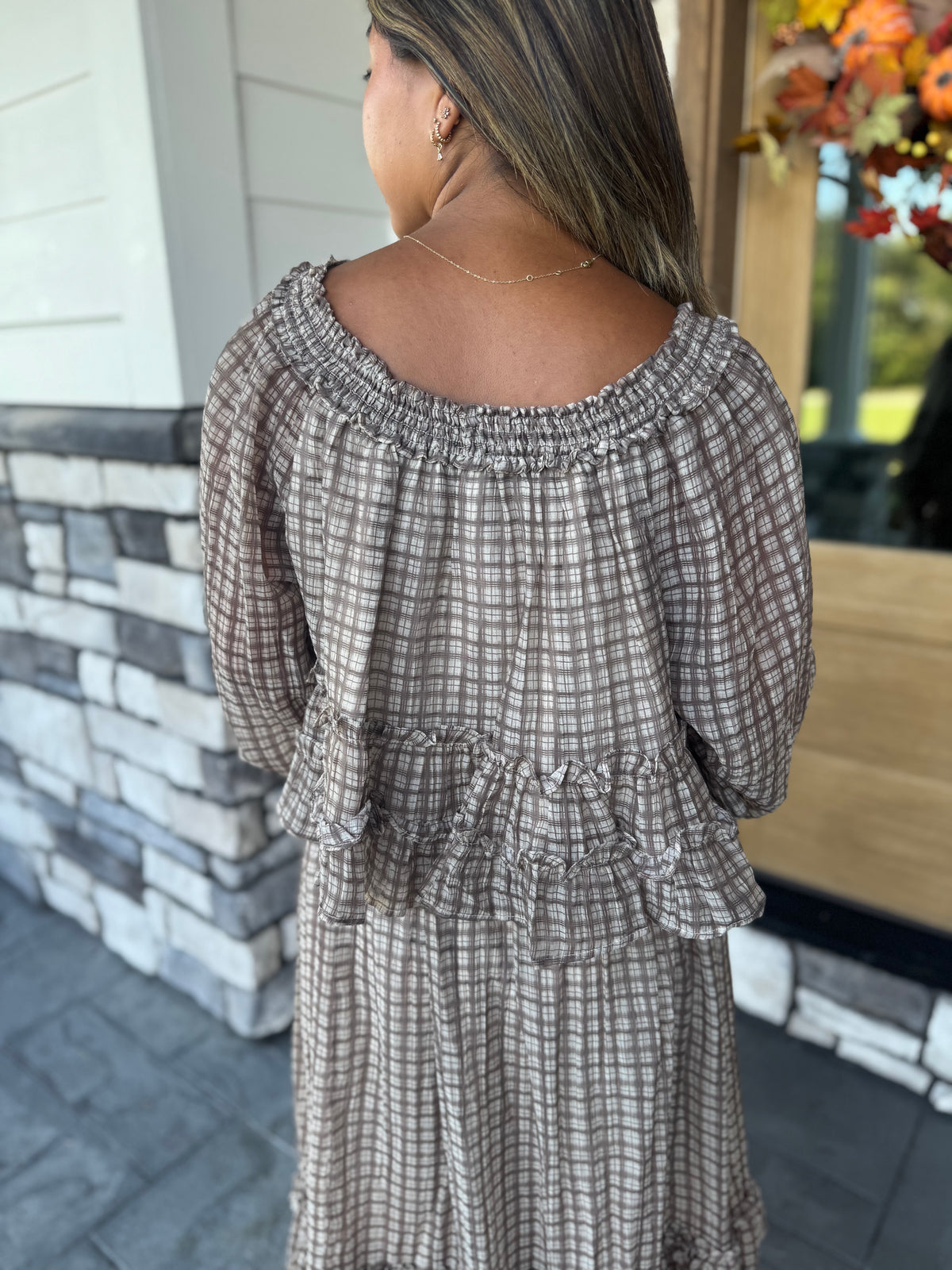 Lana Brown Plaid Smocked Neckline Top