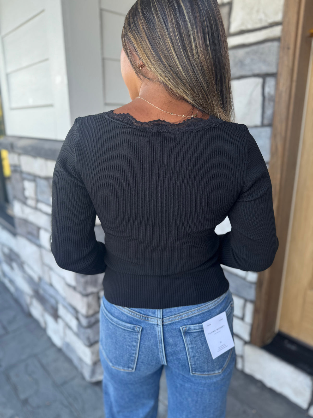 Marie Black Square Neck Lace Trim Ribbed Sweater Top