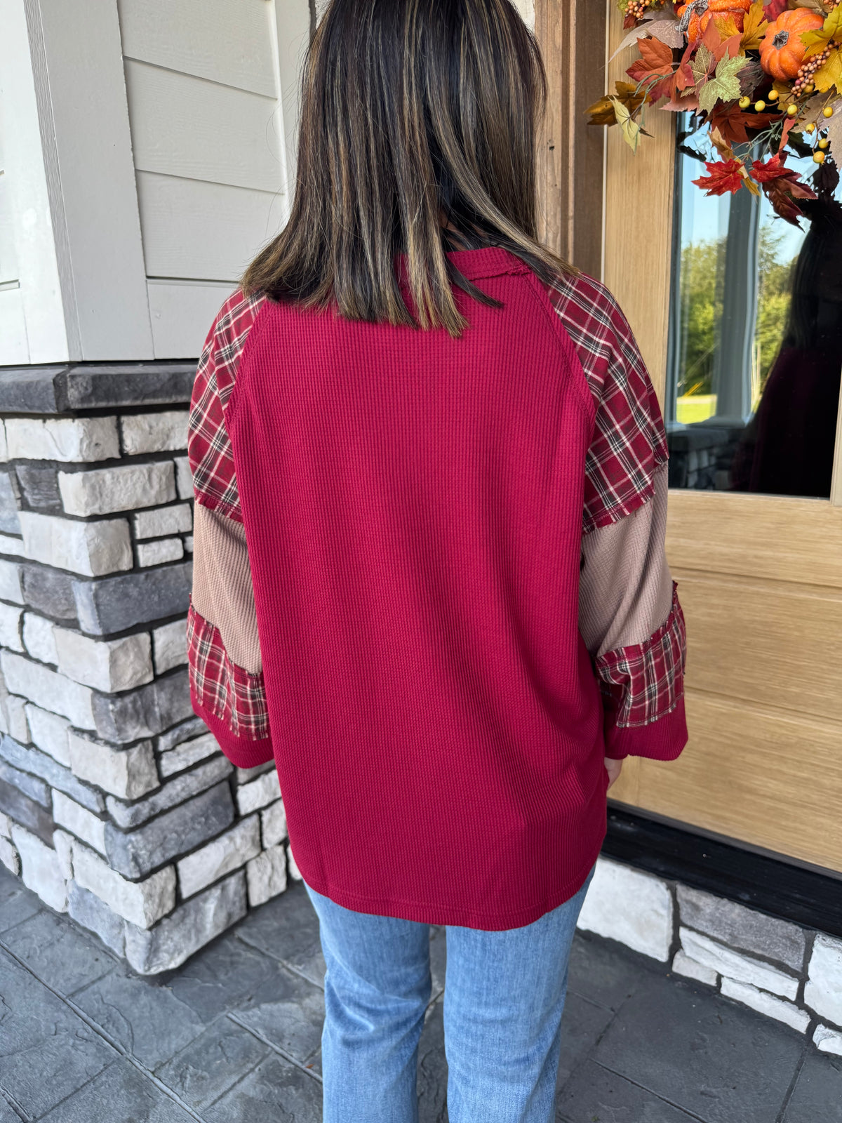Helen Burgundy & Tan Plaid Patchwork Thermal Knit Top