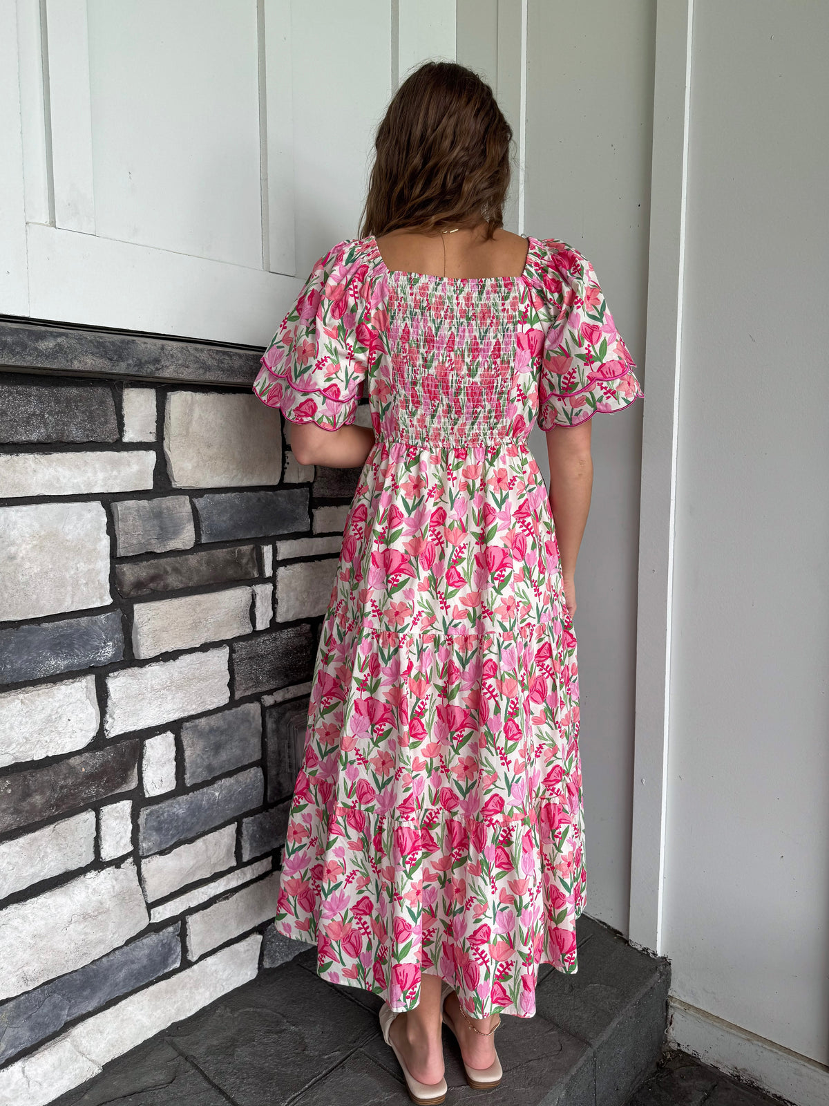 Taylor Pink Floral Contrast Piped Tulip Sleeve Dress