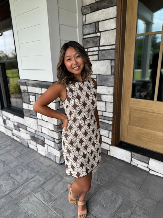 Sienna Brown & Cream Geometric Textured Mini Dress