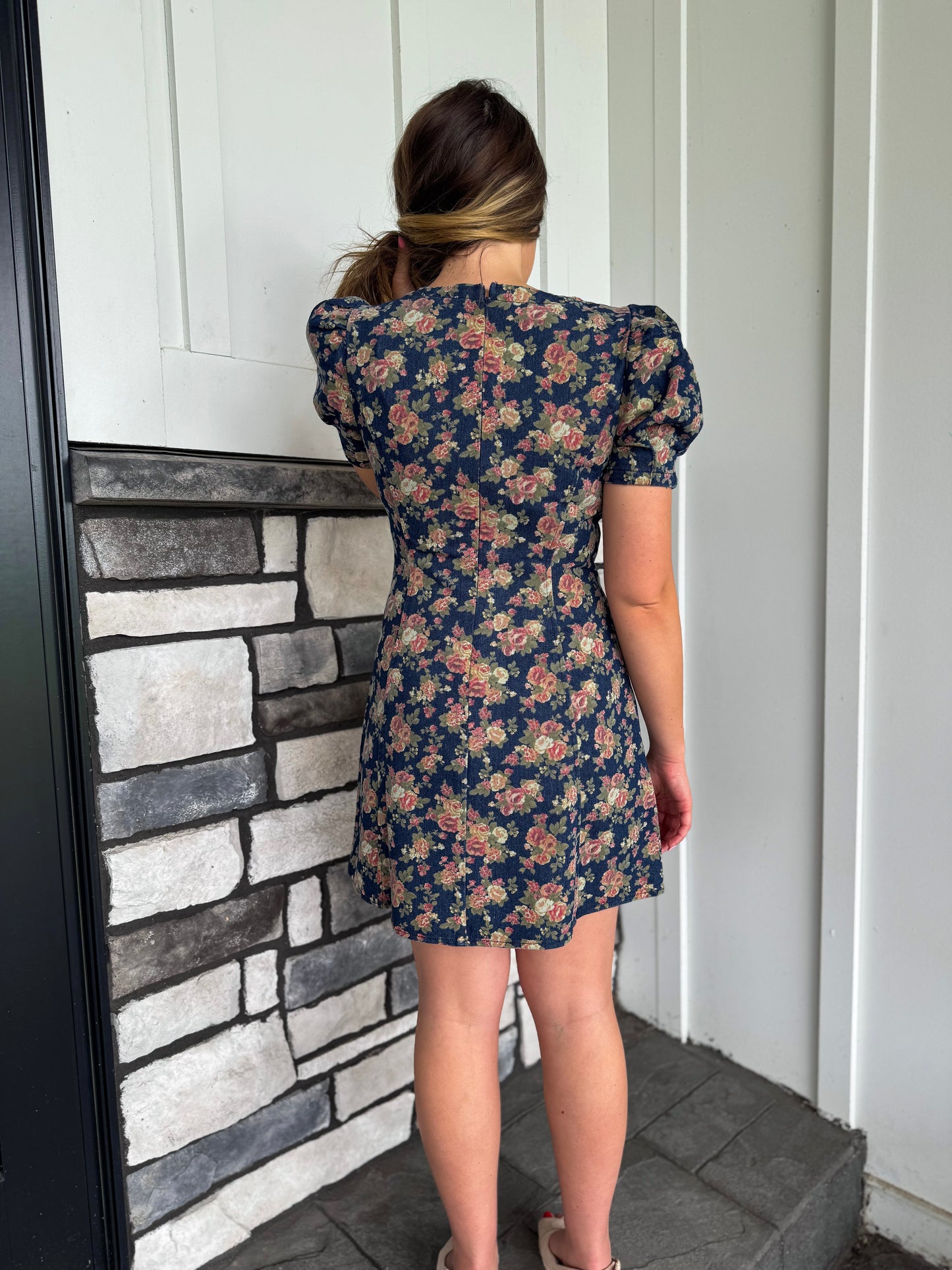 Elaine Floral Puff Sleeve Seam Detail Denim Mini Dress
