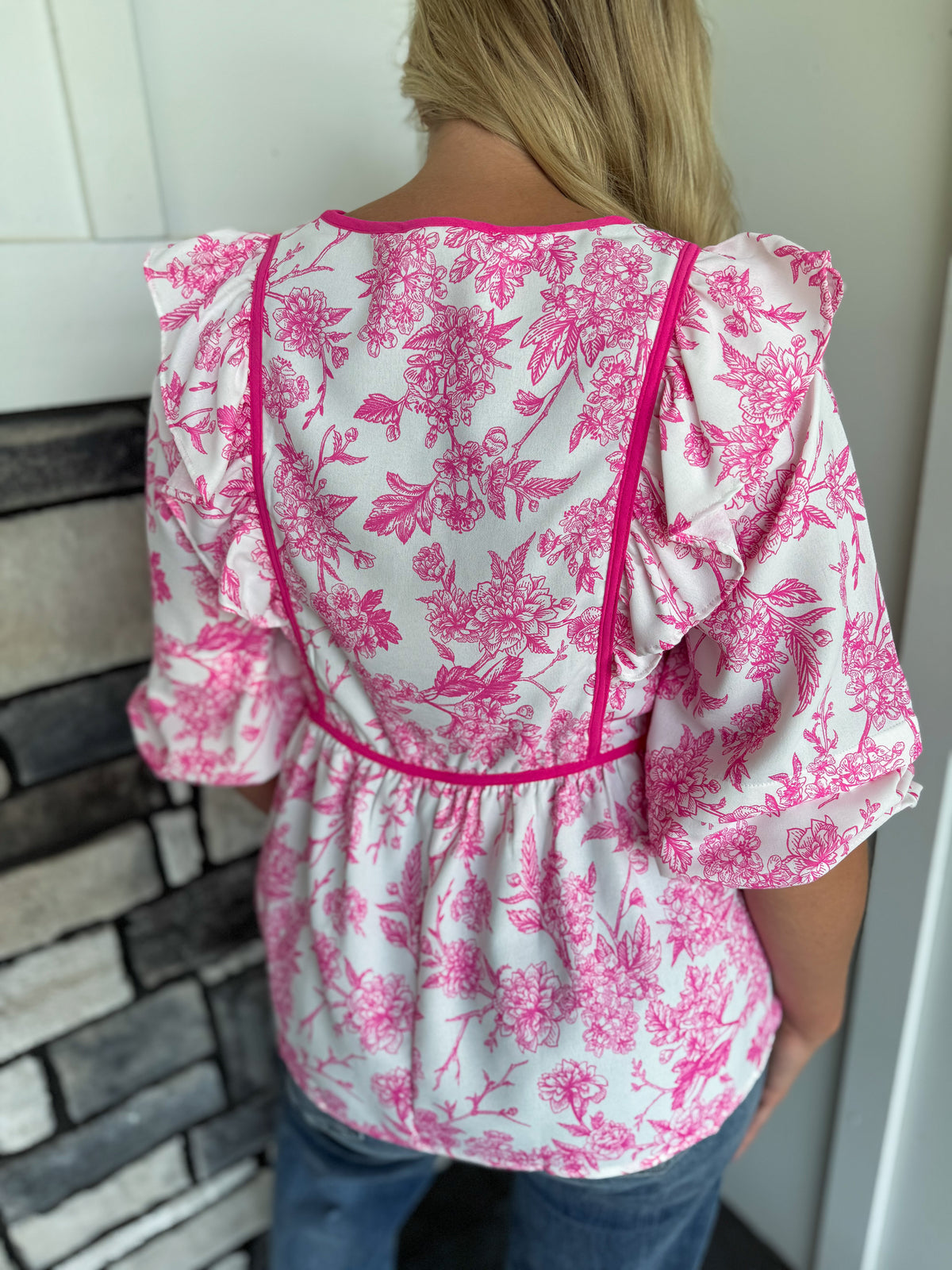 Wren Hot Pink & White Notched Neck Woven Top W/ Bow Tie