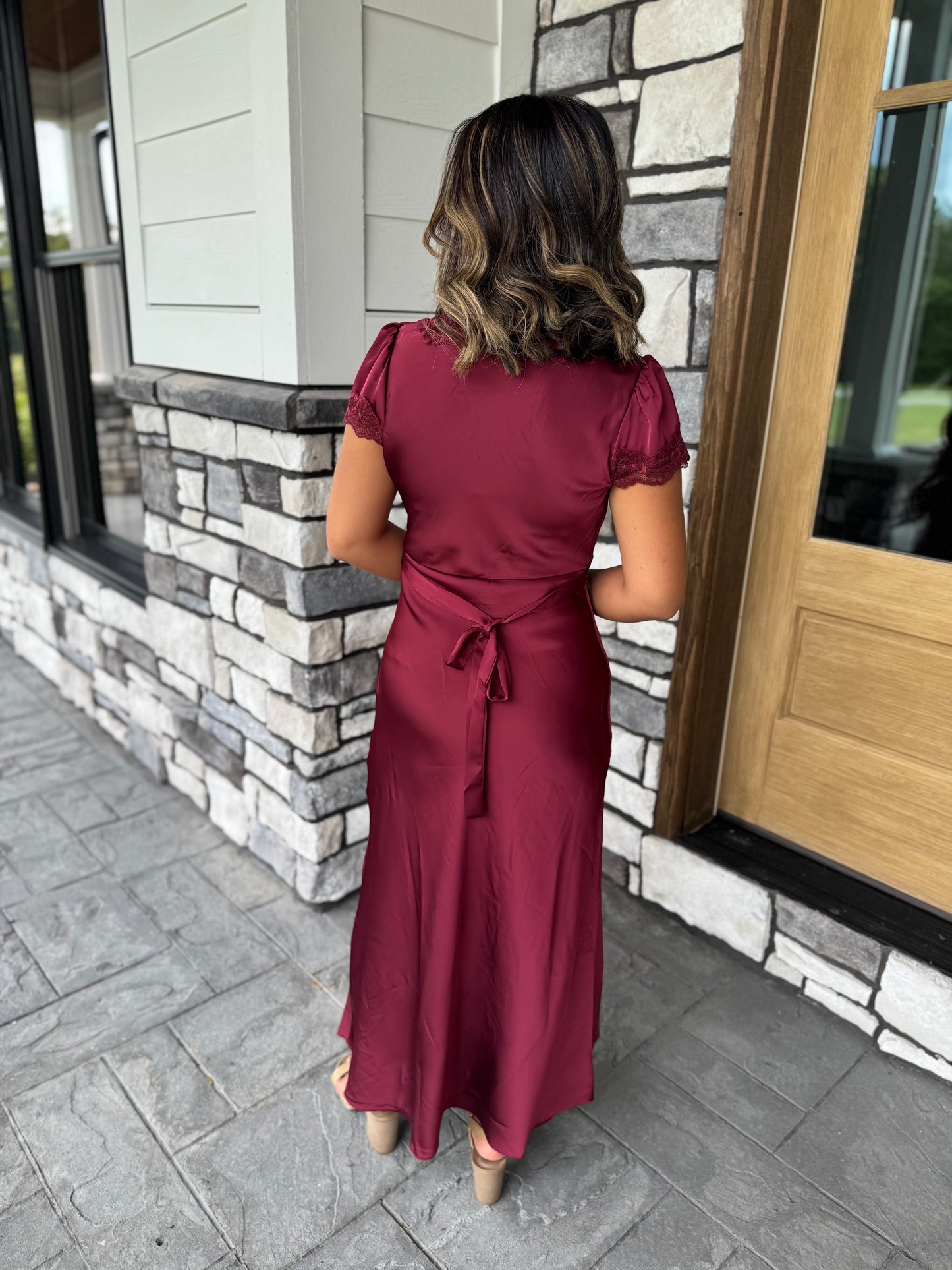 Ramona Burgundy Satin Lace Trim Detail Midi Dress