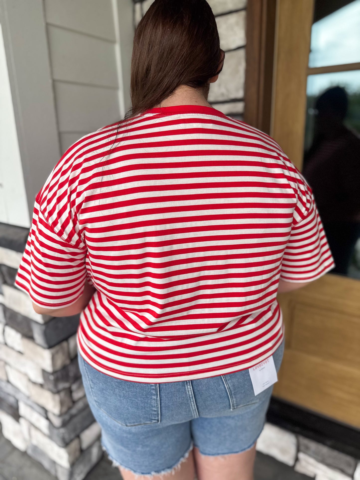 Hallie Red & Off White Striped Round Neck Slight Crop Oversized Tee