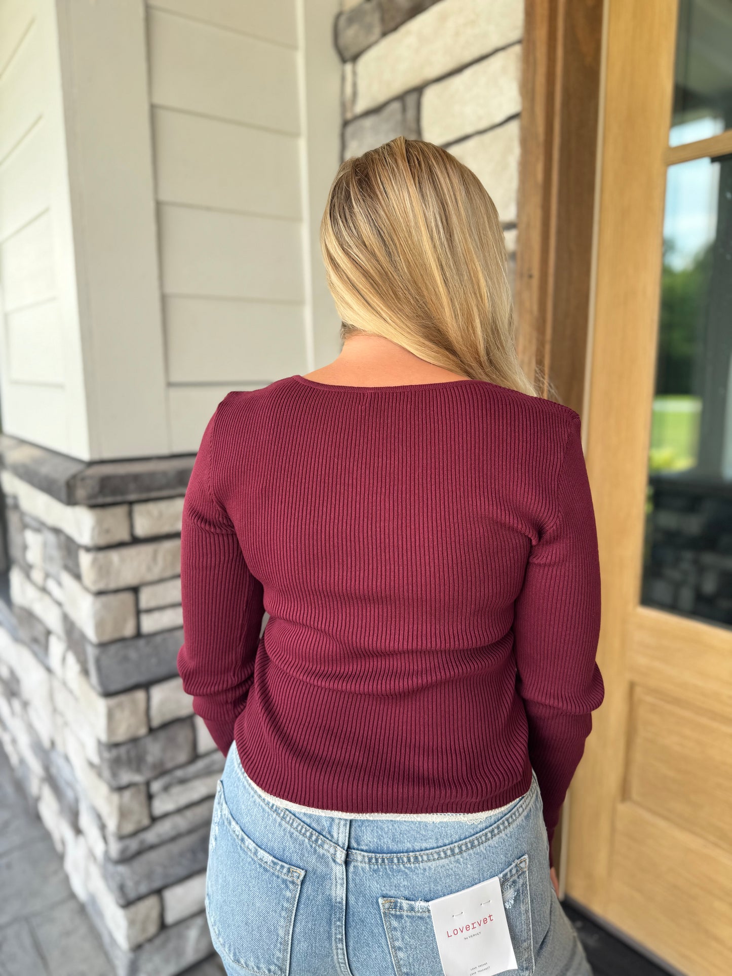 Jane Maroon Lace Trim Long Sleeve Fitted Sweater