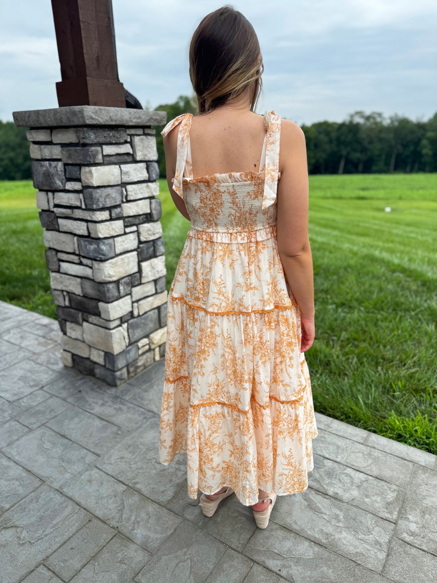 Charlotte Off White & Dark Amber Tiered Lace Trim Floral Midi Dress