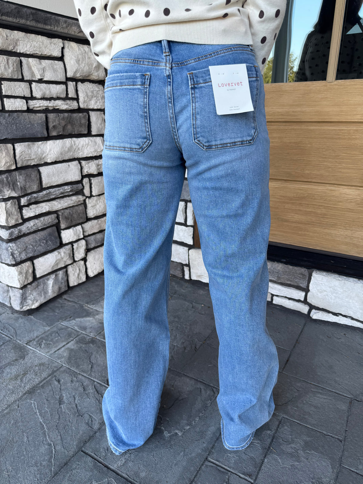 High Rise Front Patch Pocket Wide Leg Jeans