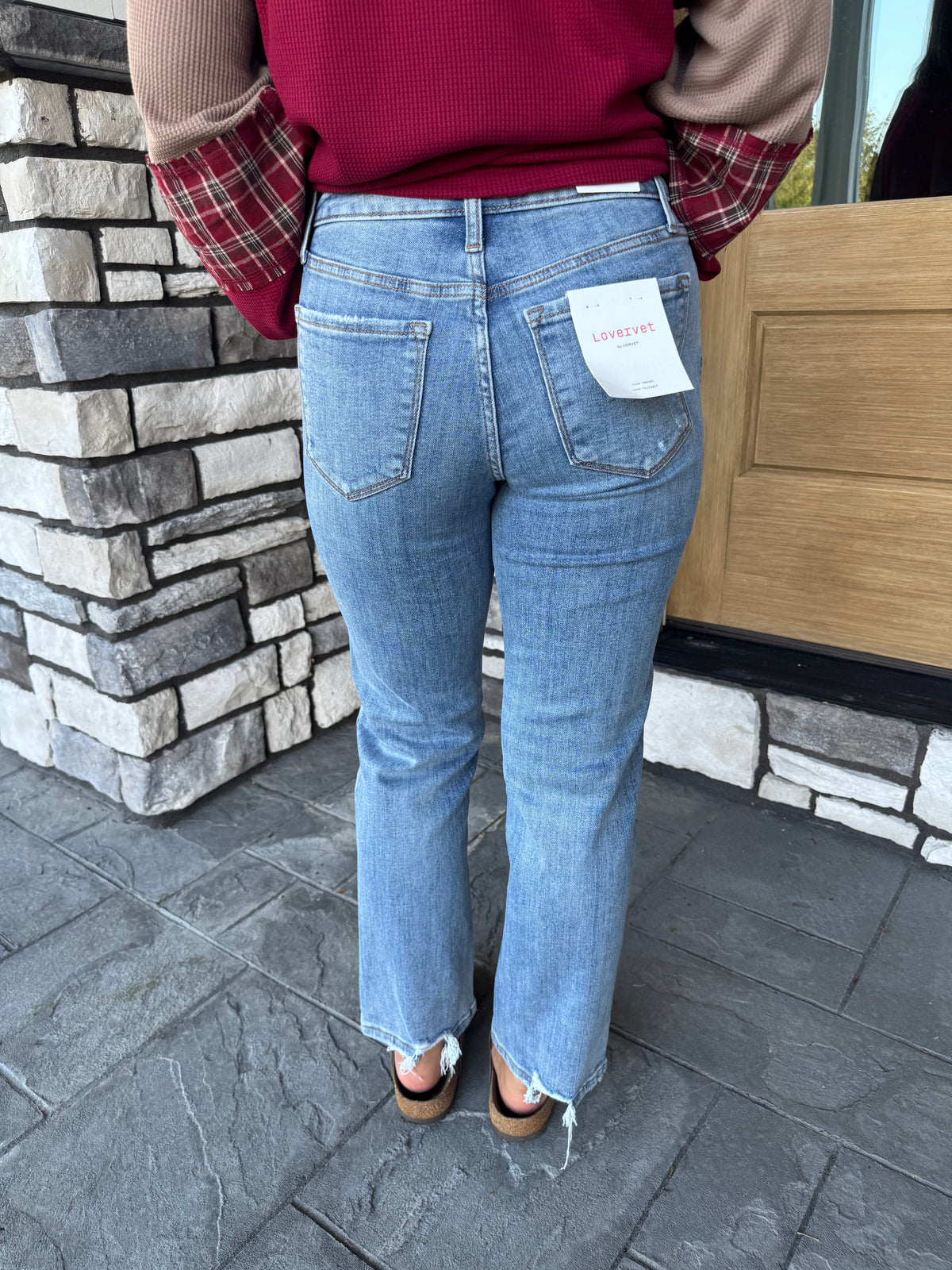 Mid Rise Distressed Hem Cropped Straight Jeans