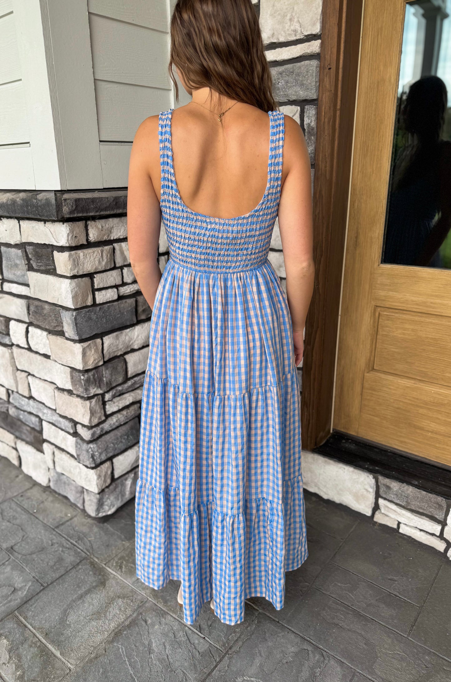 Melanie Blue & Peach Smocked Bodice Gingham Maxi Dress