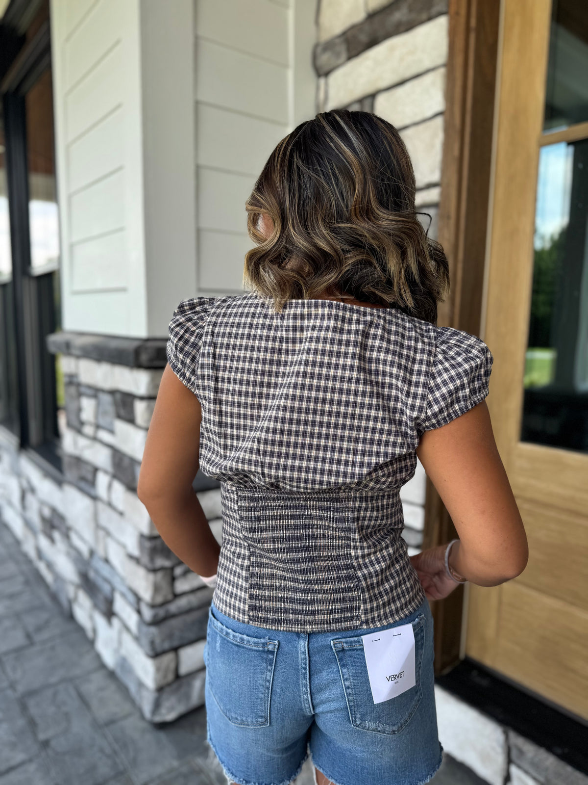 Chloe Navy Plaid Button Up Puff Sleeve Top