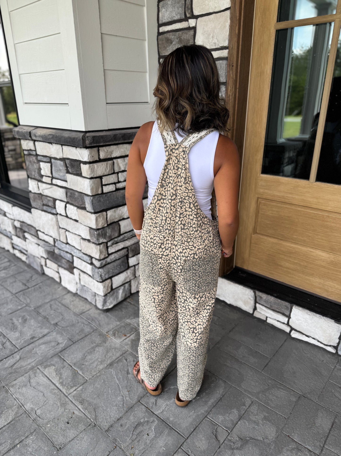 Emery Gray & Cream Leopard Print Washed Twill Overalls