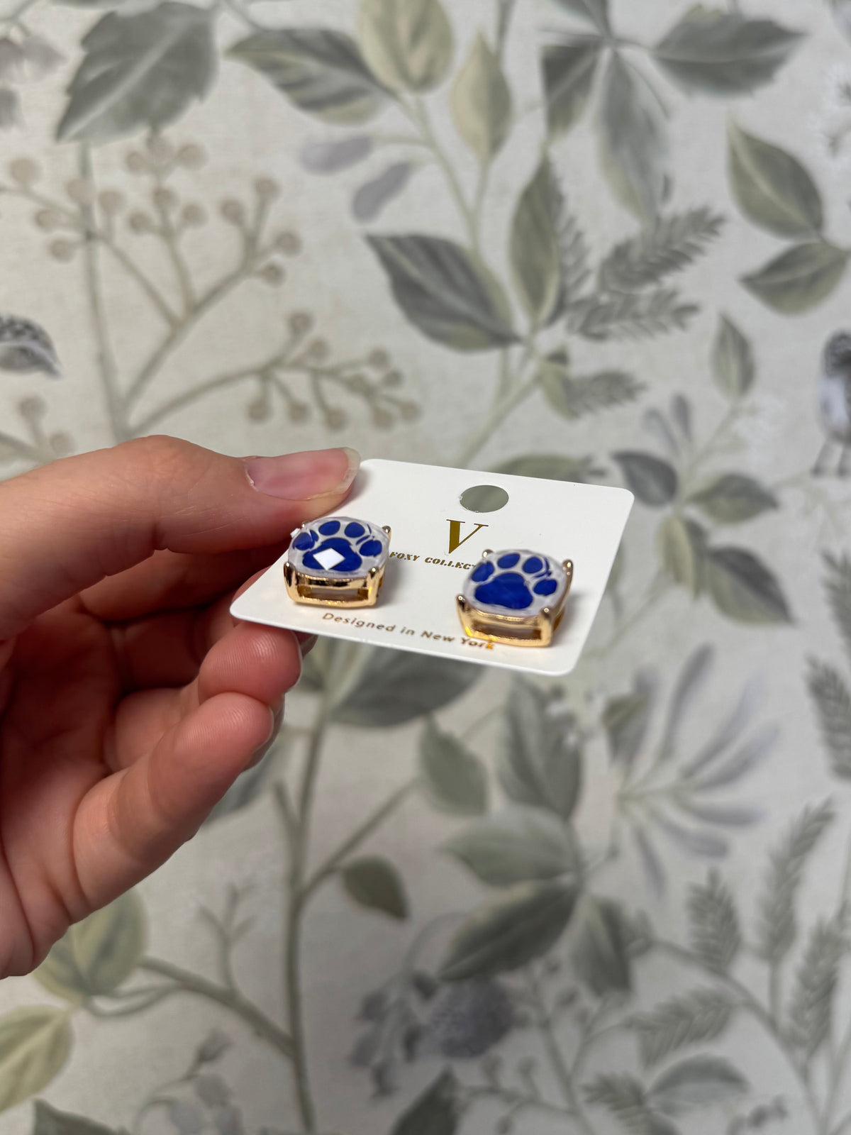 Blue & White Paw Print Gold Stud Earrings