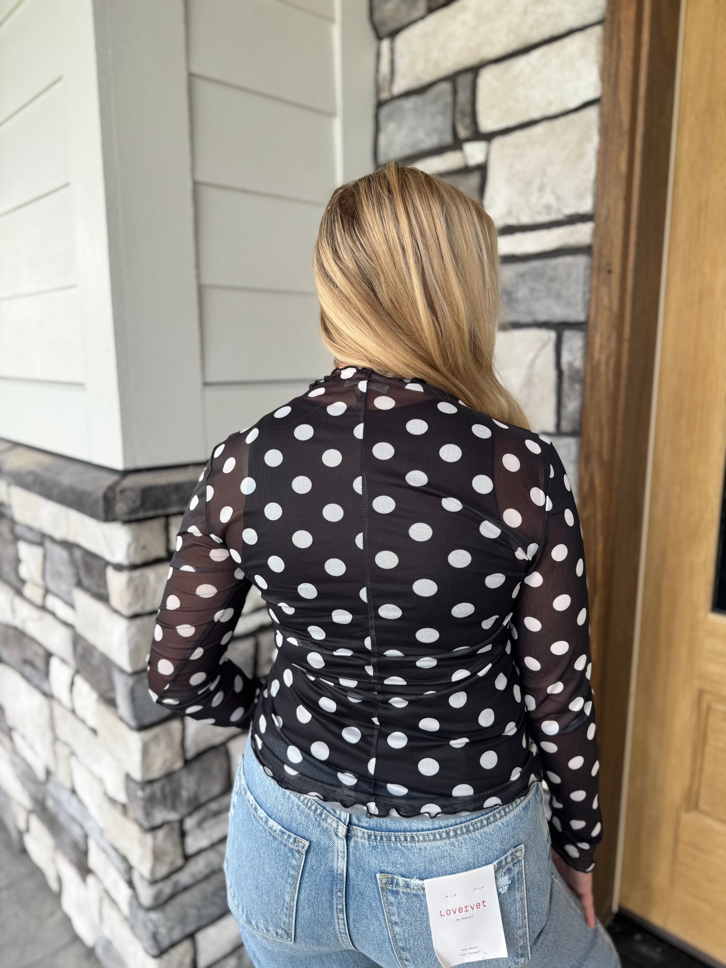 Harper Black & White Polka Dot Long Sleeve Mesh Top