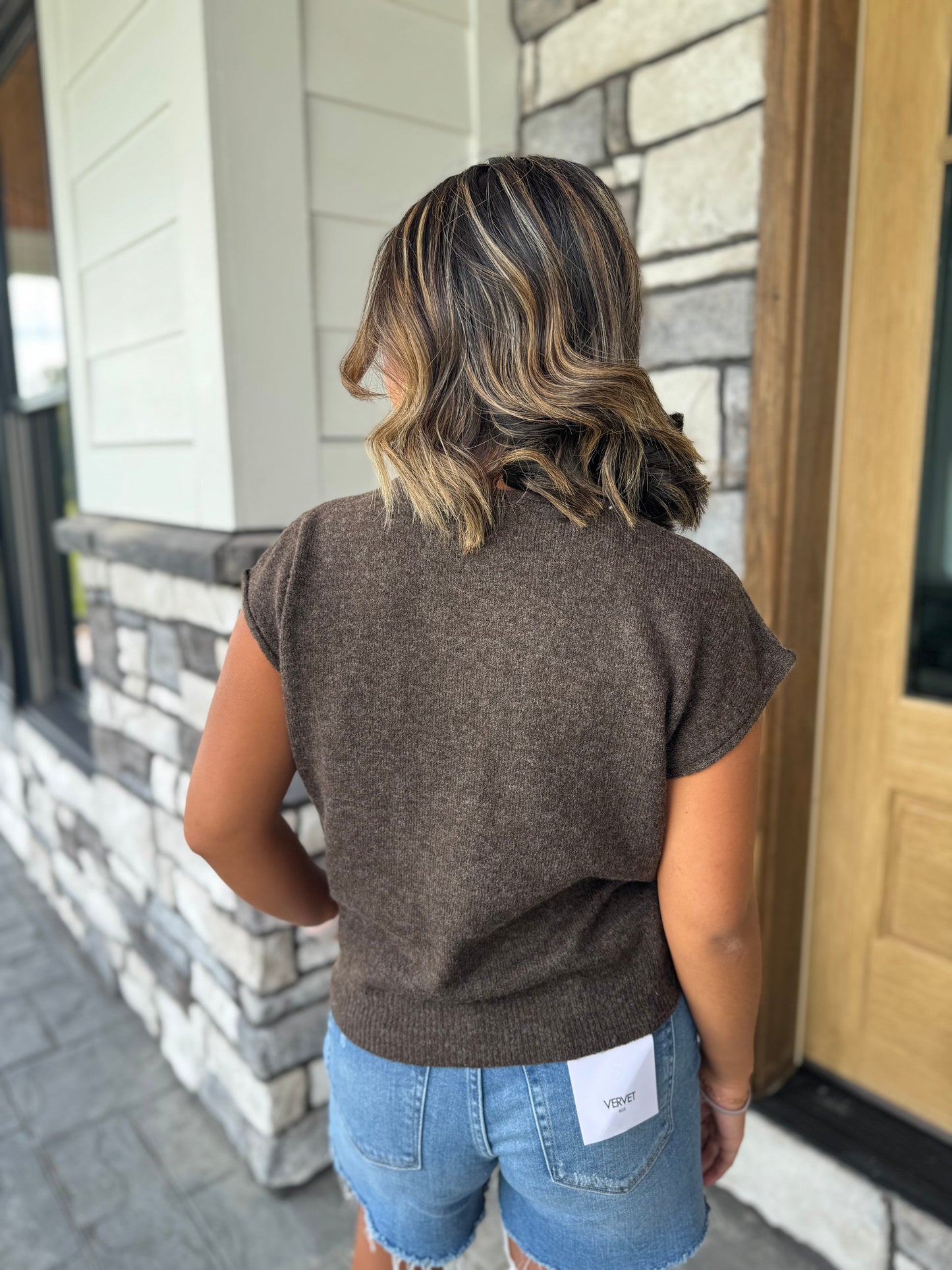 Marlow Chocolate Brown Button Up Short Sleeve Sweater
