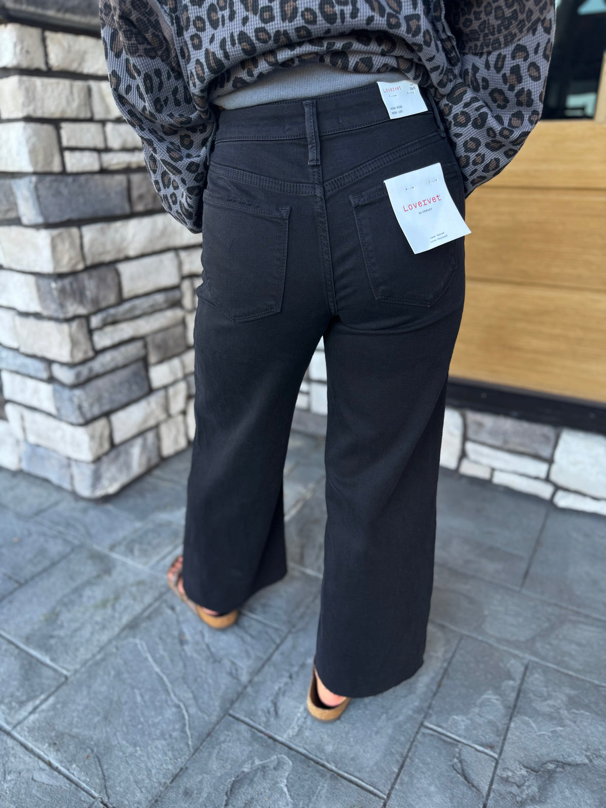 Black High Rise Raw Hem Cropped Wide Leg Jeans