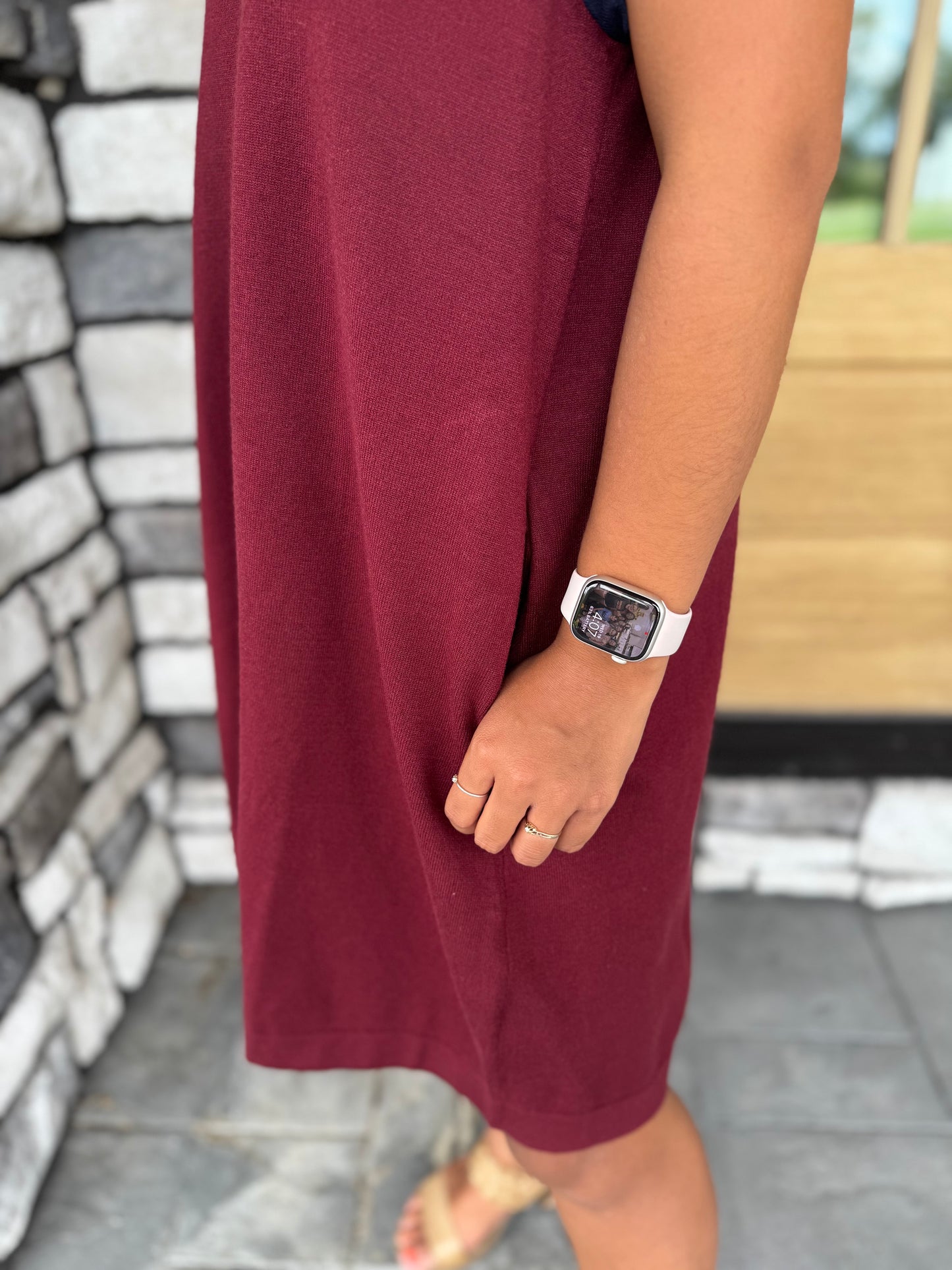 Whitney Burgundy Half Zip Scalloped Edge Short Sleeve Sweater Dress