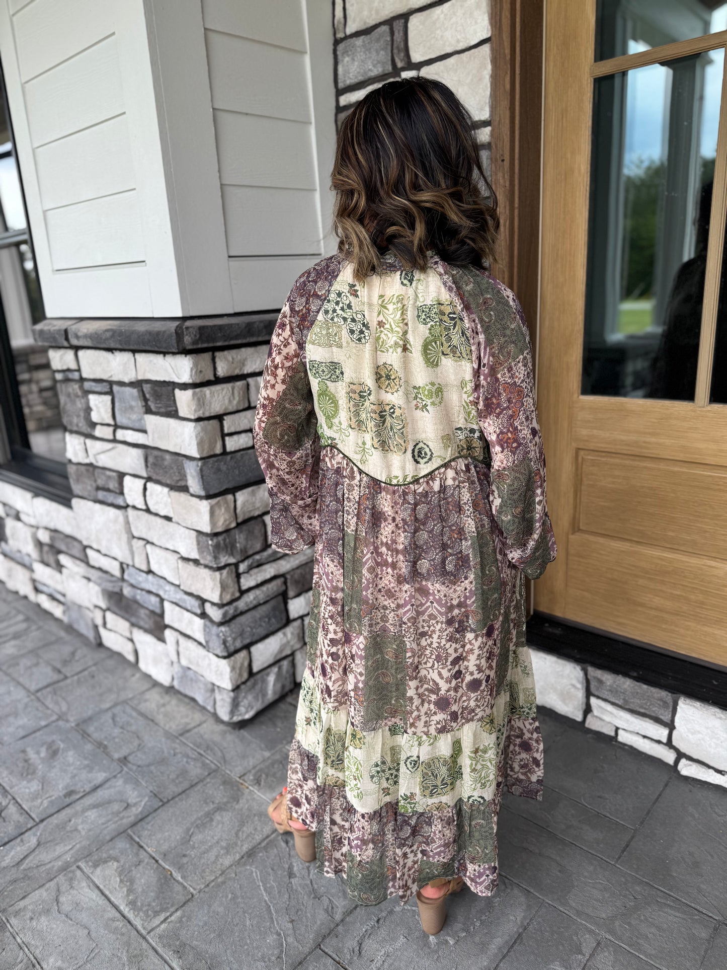 Mandy Olive Green Floral Patchwork Print Midi Dress
