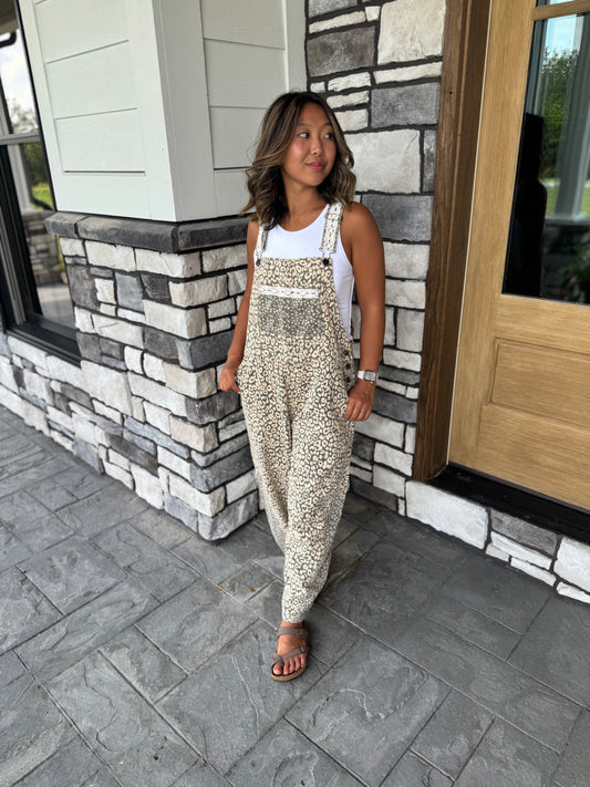 Emery Gray & Cream Leopard Print Washed Twill Overalls