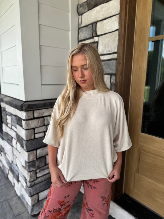 Meredith Ecru Knit Flowy Mock Neck Top W/ Batwing Sleeves