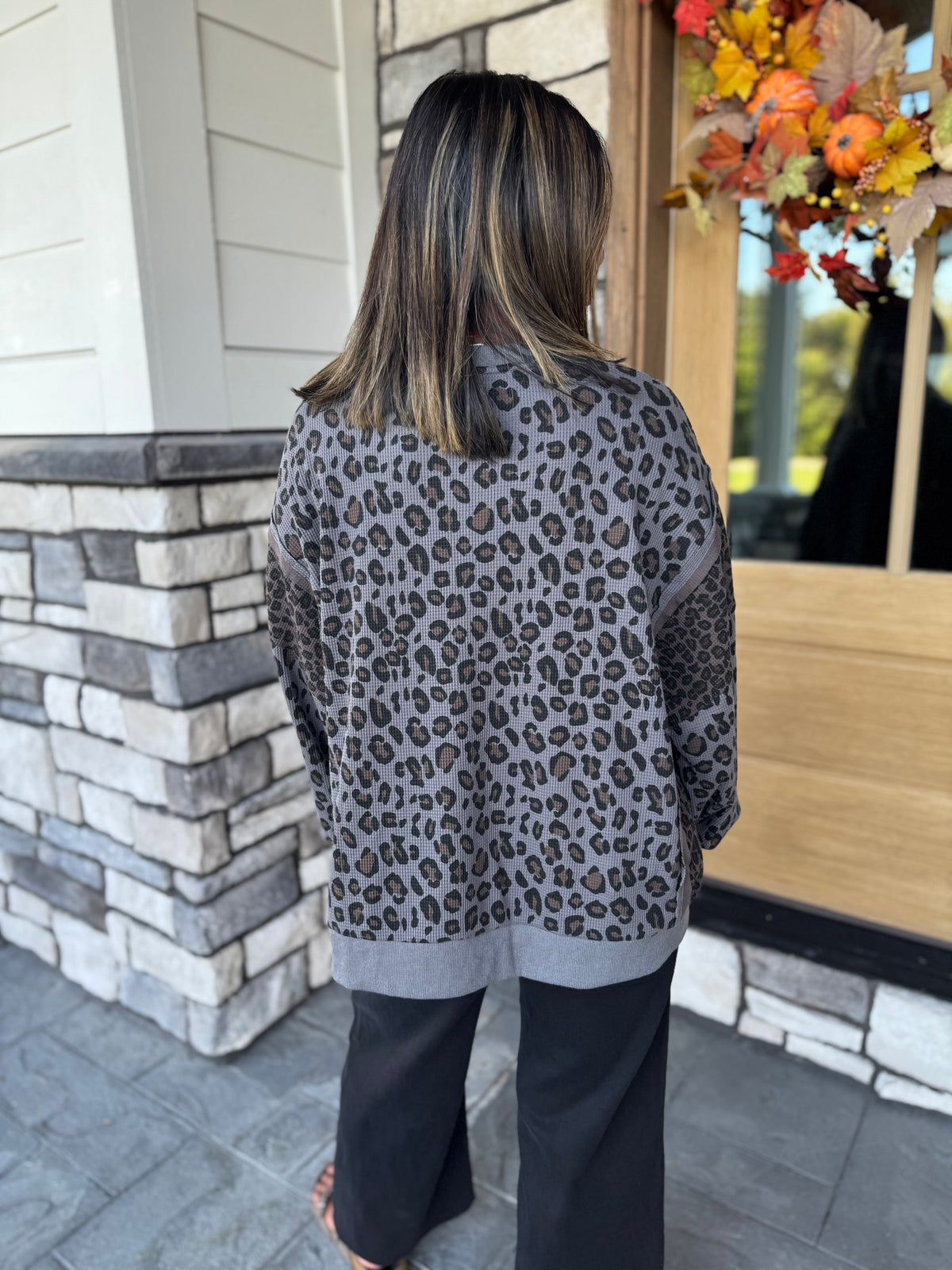 Palmer Charcoal Leopard Print Waffle Knit Pullover