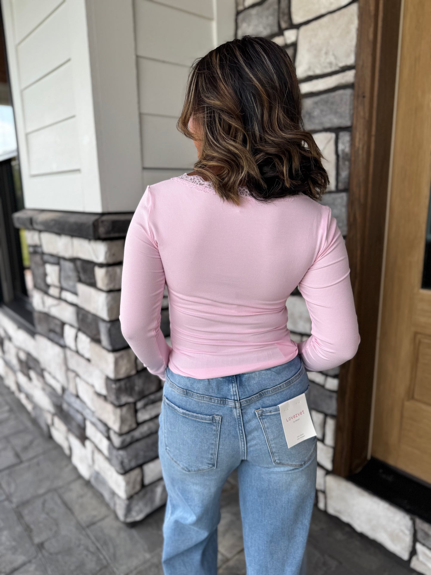 Ally Pink Lace Trim Long Sleeve Ribbed Top