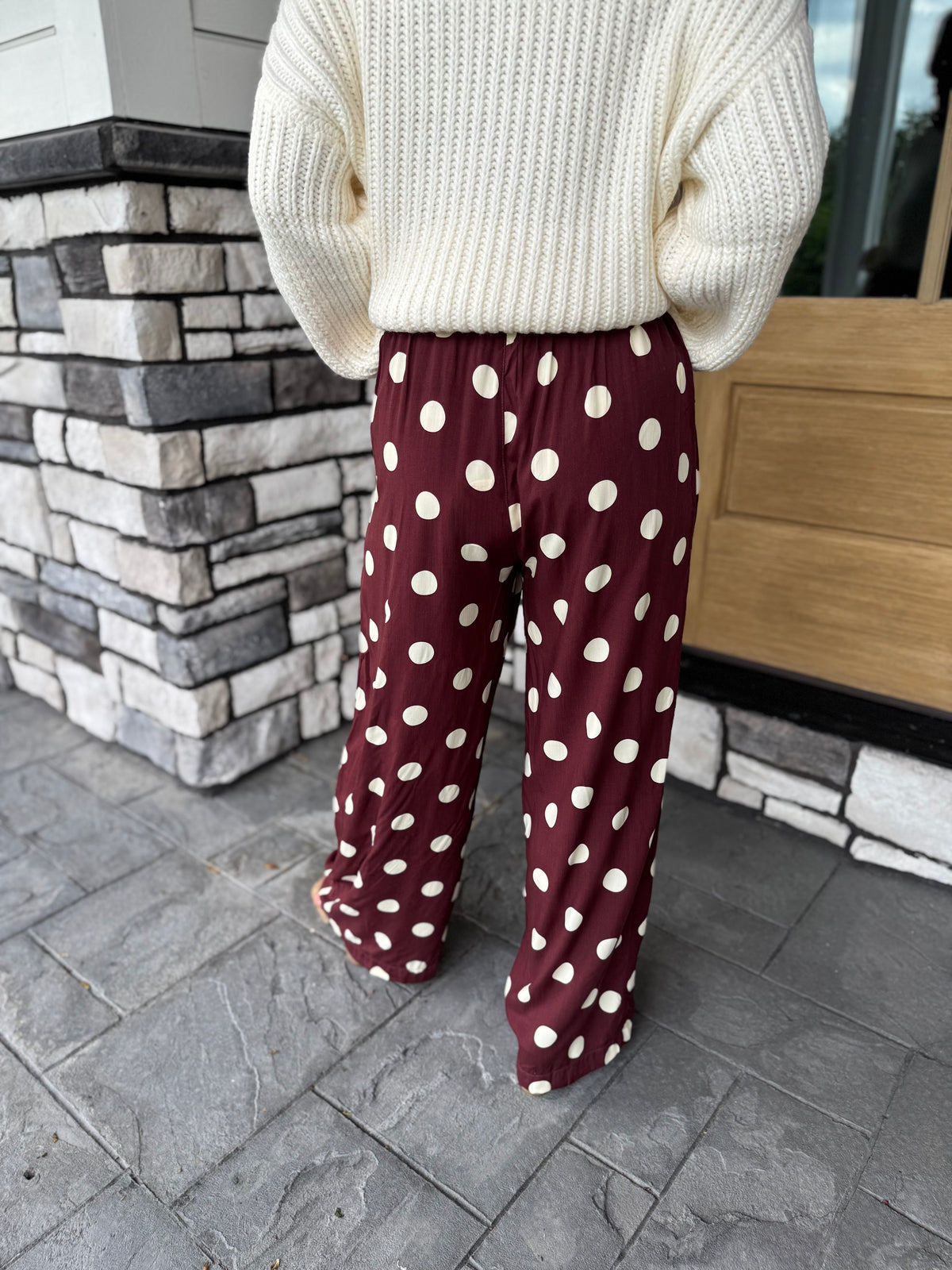 Ellie Burgundy & Ivory Polka Dot Pleated Wide Leg Pants