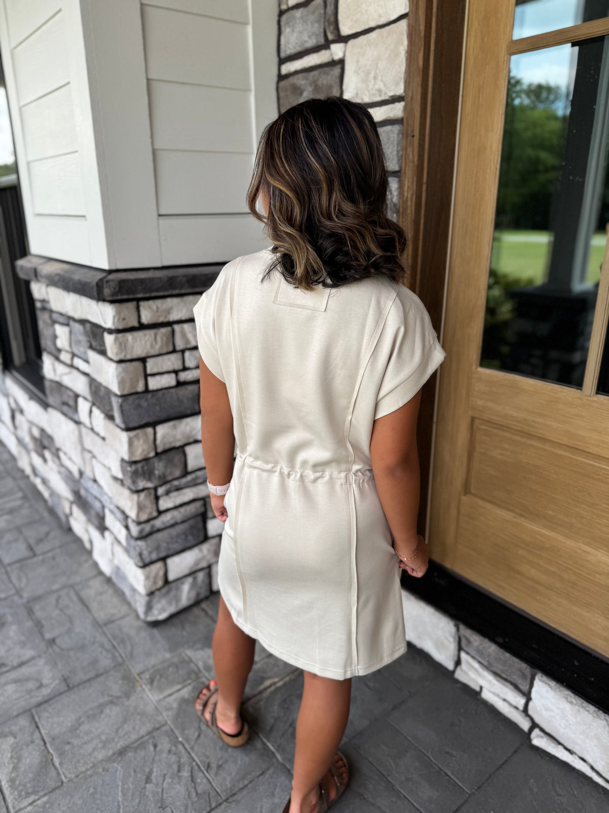 Kimberly Ecru Luxe Knit Pleated Short Sleeve Mini Dress