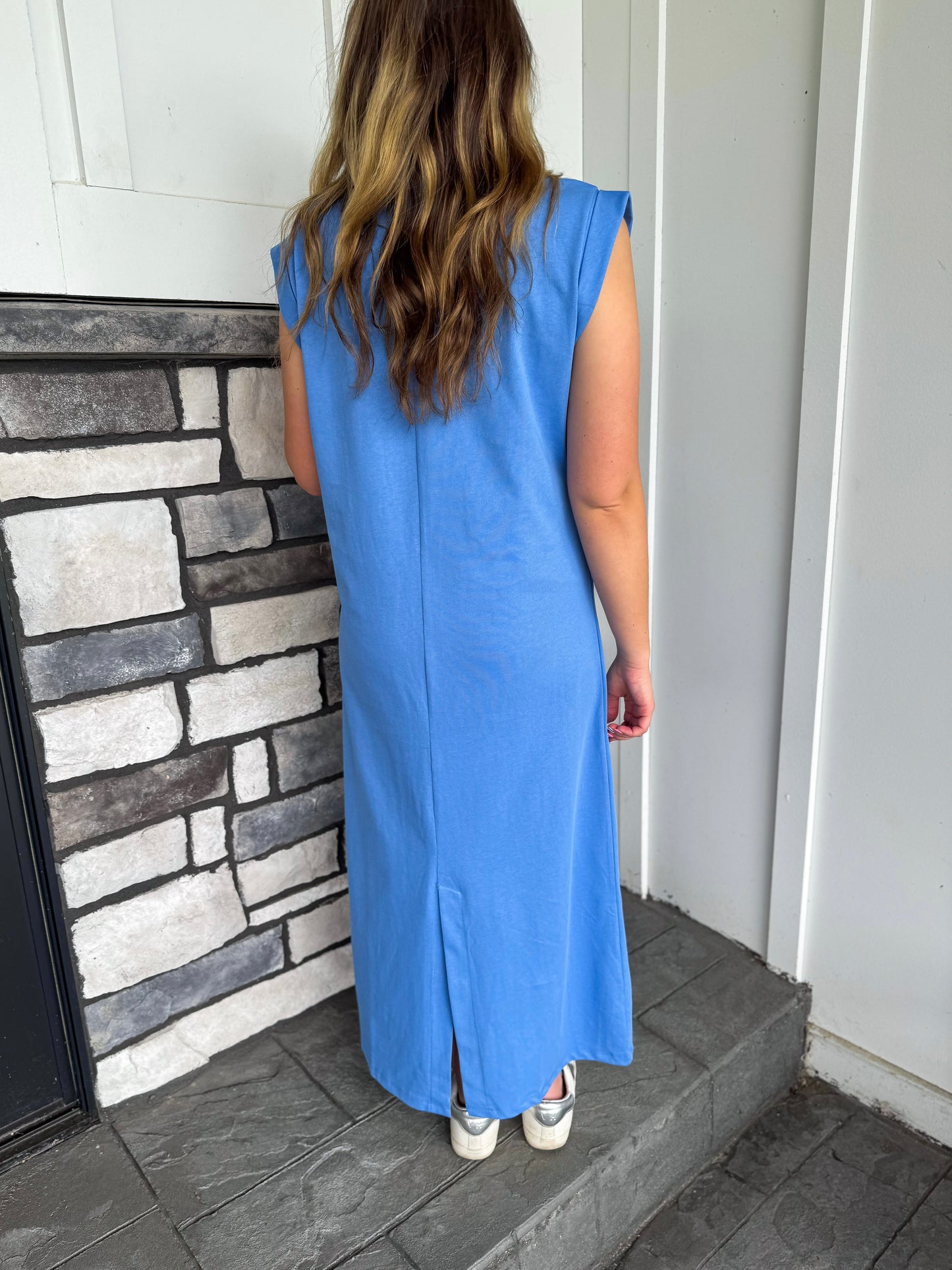 Amy Coastal Blue Cap Sleeve Knit Midi Dress