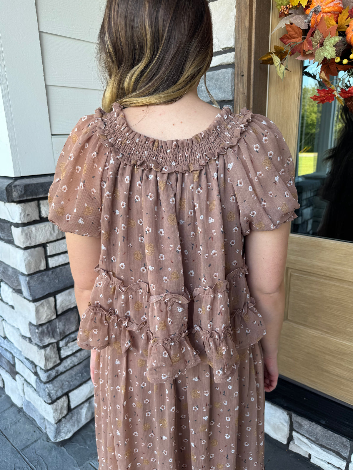 Evelyn Floral Smocked Neckline Puff Sleeve Top