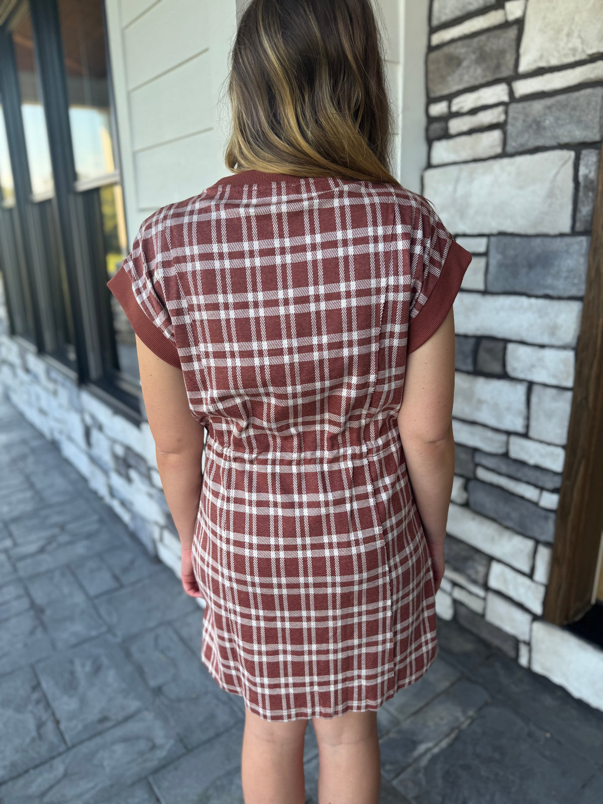 Becca Rust Soft Plaid Cap Sleeve Mini Dress