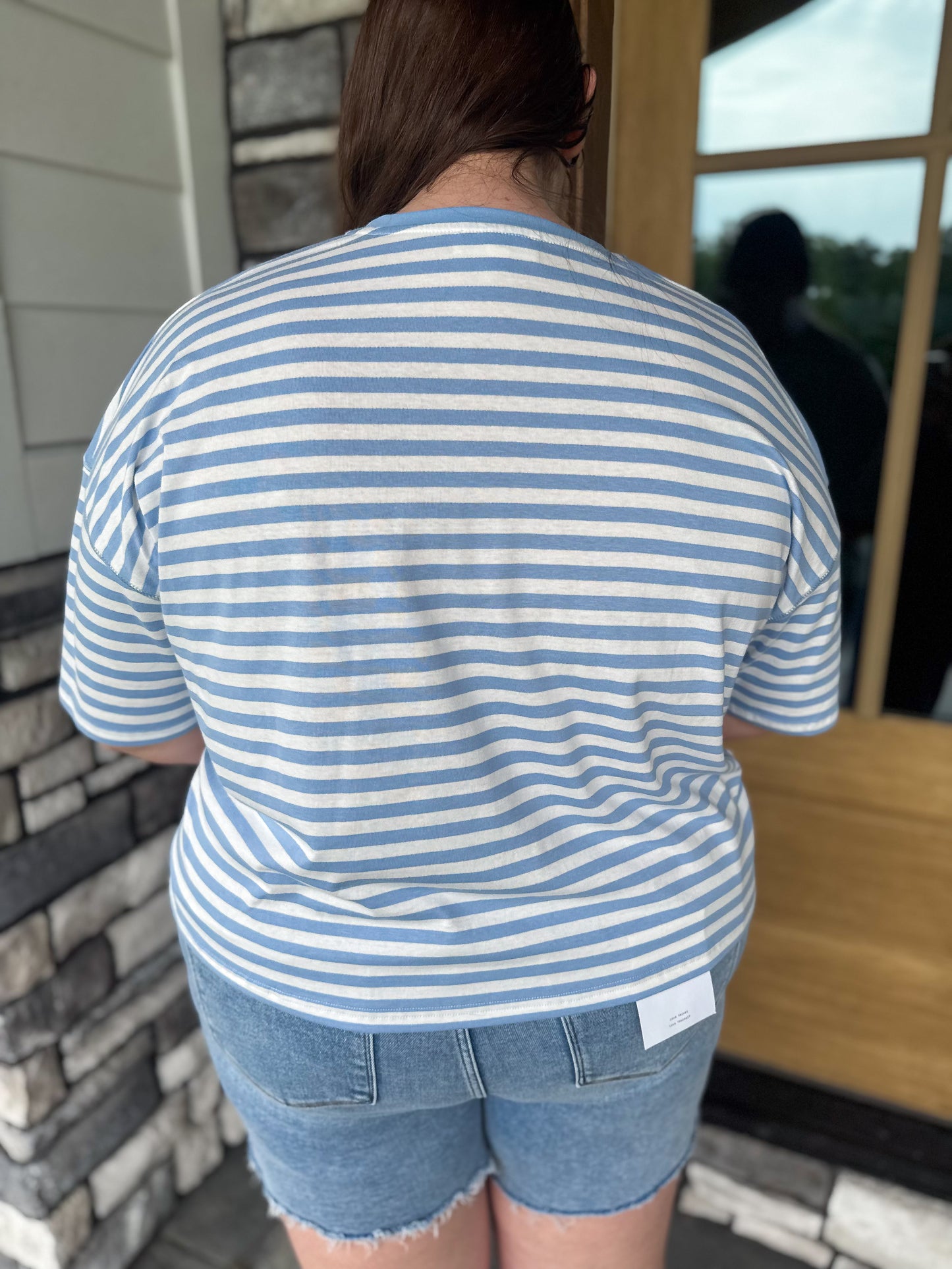 Hallie Blue & Off White Striped Round Neck Slight Crop Oversized Tee