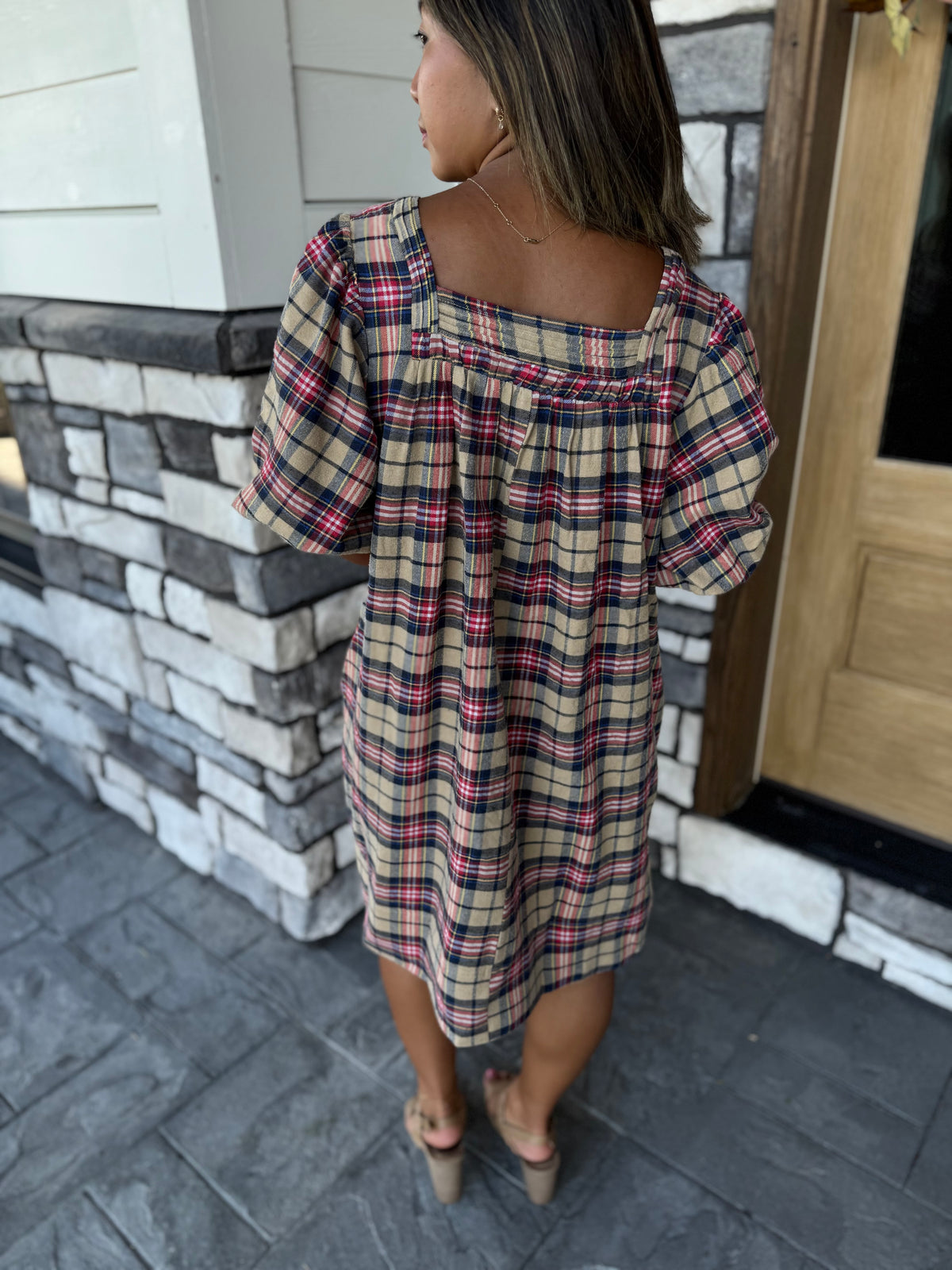 Emerson Khaki Mix Puff Sleeve Plaid Mini Dress