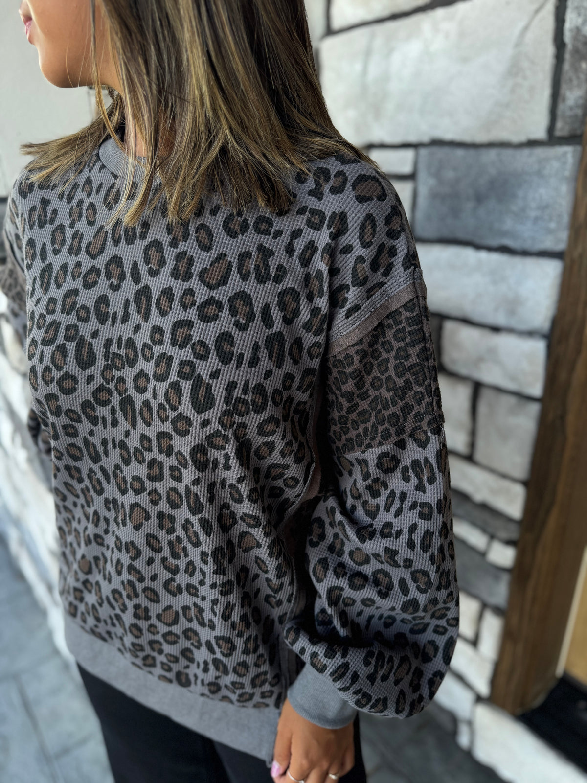 Palmer Charcoal Leopard Print Waffle Knit Pullover