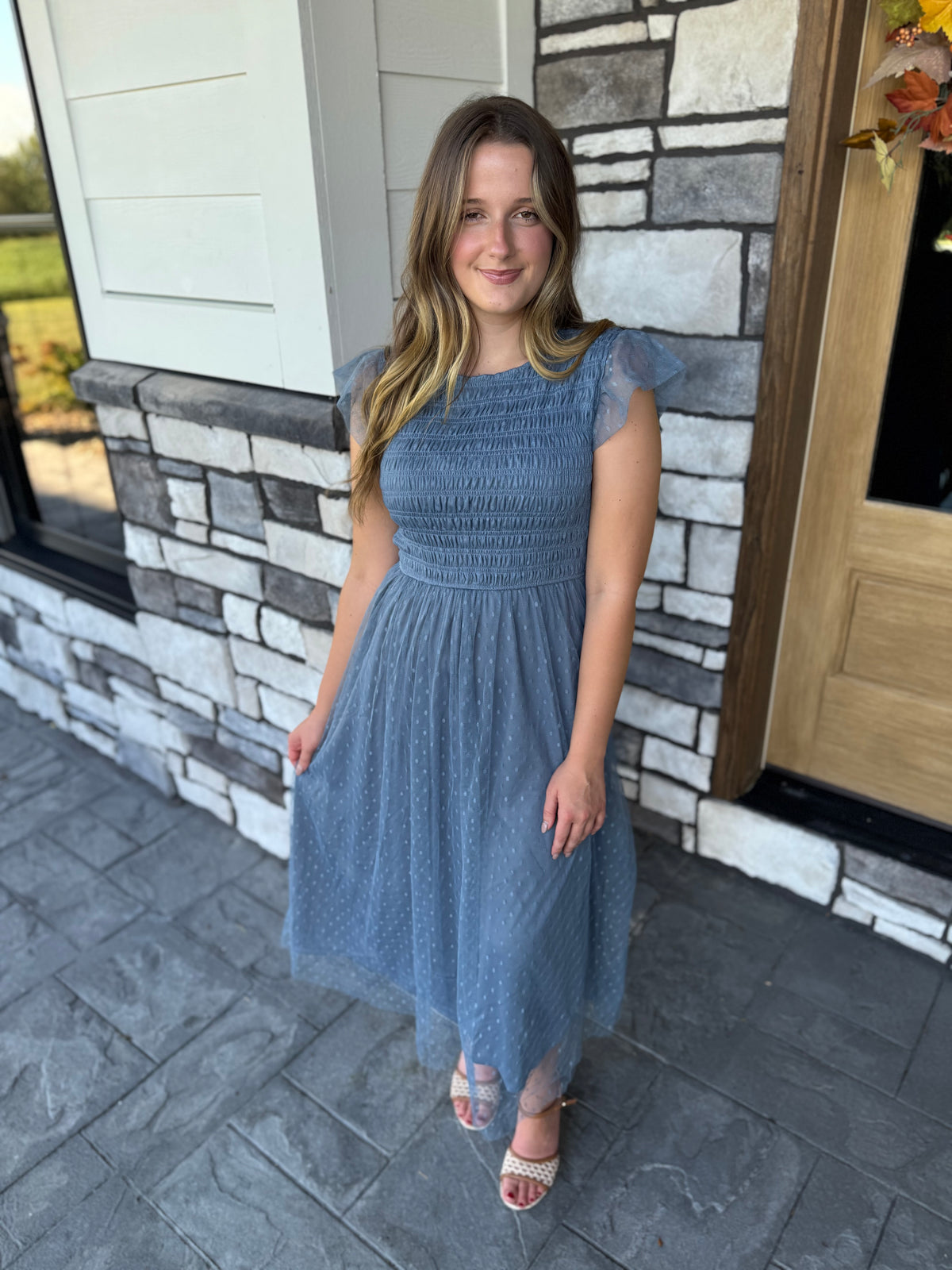 Presley Dusty Blue Polka Dot Chiffon Smocked Midi Dress